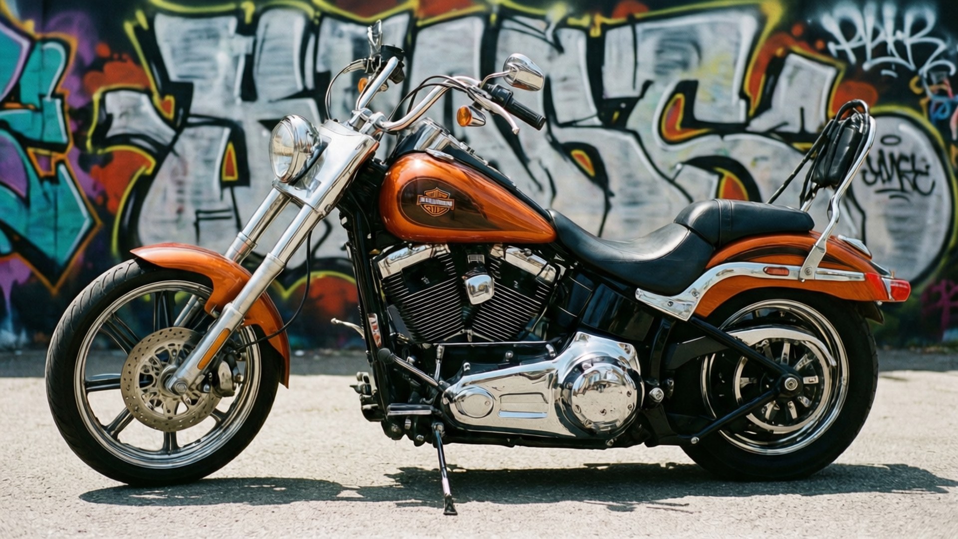 Custom Harley Davidson chopper med orange og sorte farver ved siden af graffiti.