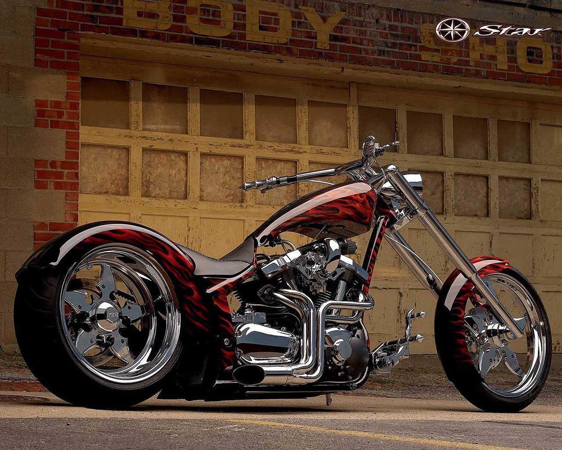 Chopper Motorcycle Red Flame Decals Wallpaper