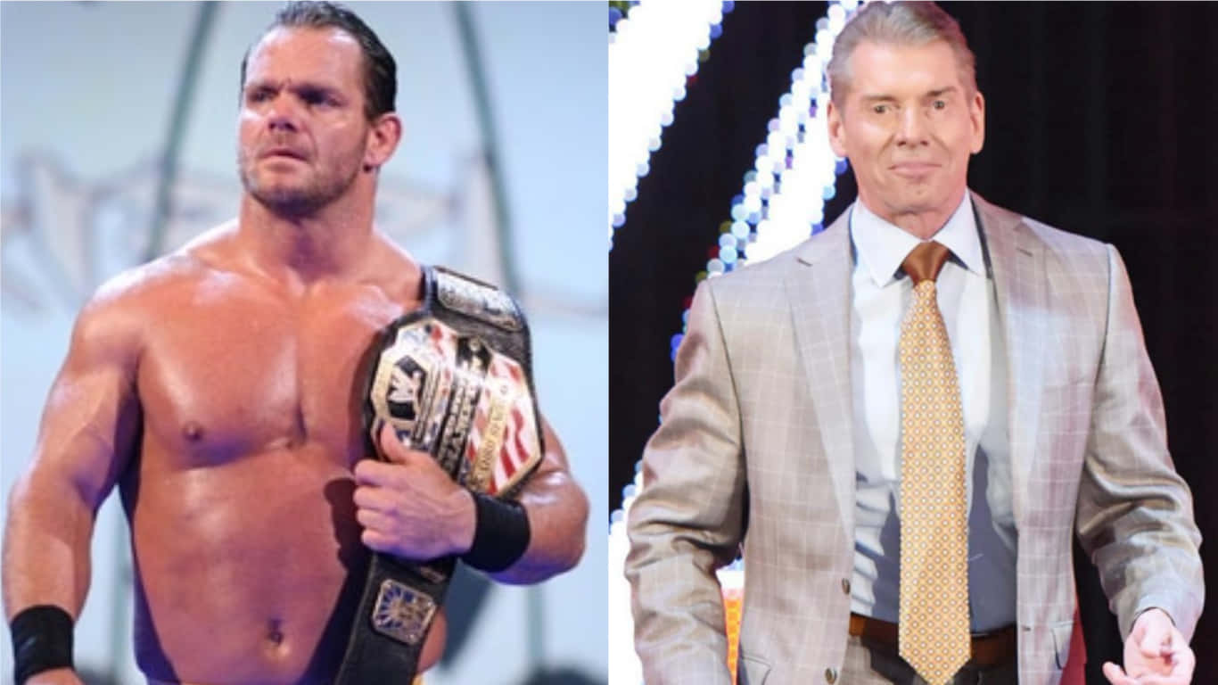 WWE legends - Chris Benoit and Vince McMahon in an intense split-screen confrontation. Wallpaper