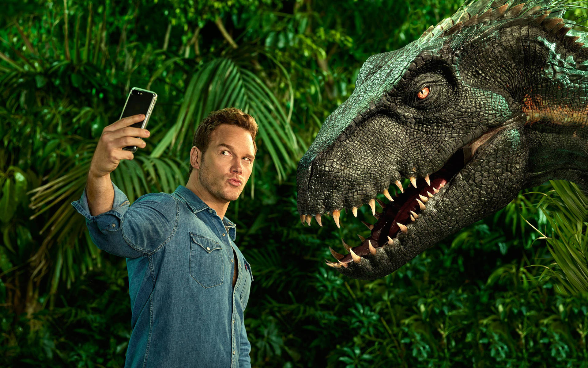 Chris Pratt Selfie With Dinosaur Background