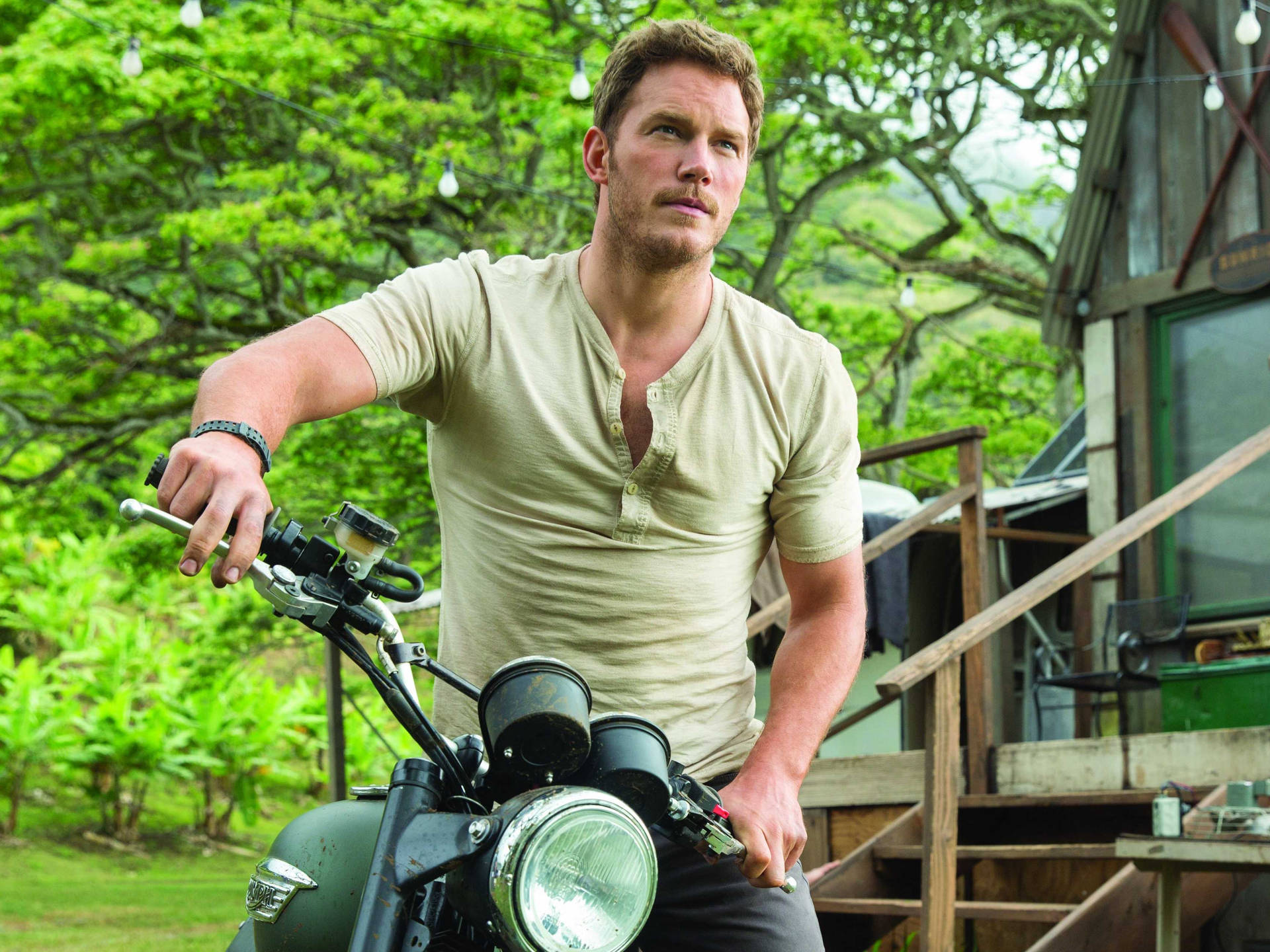 Chris Pratt With Motorbike Background