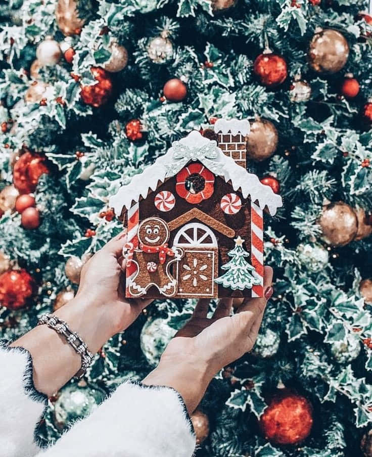 A Person Holding A Gingerbread House In Front Of A Christmas Tree