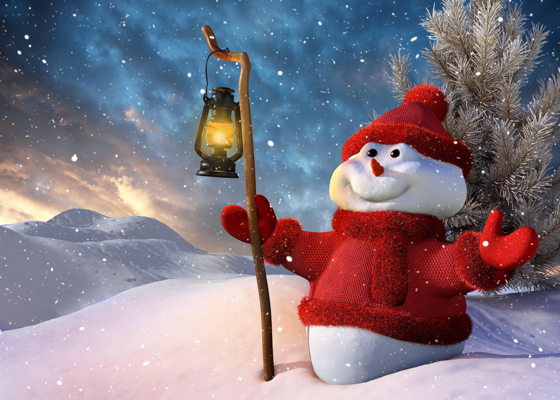Christmas And New Year's Smiling Snowman With Lamp