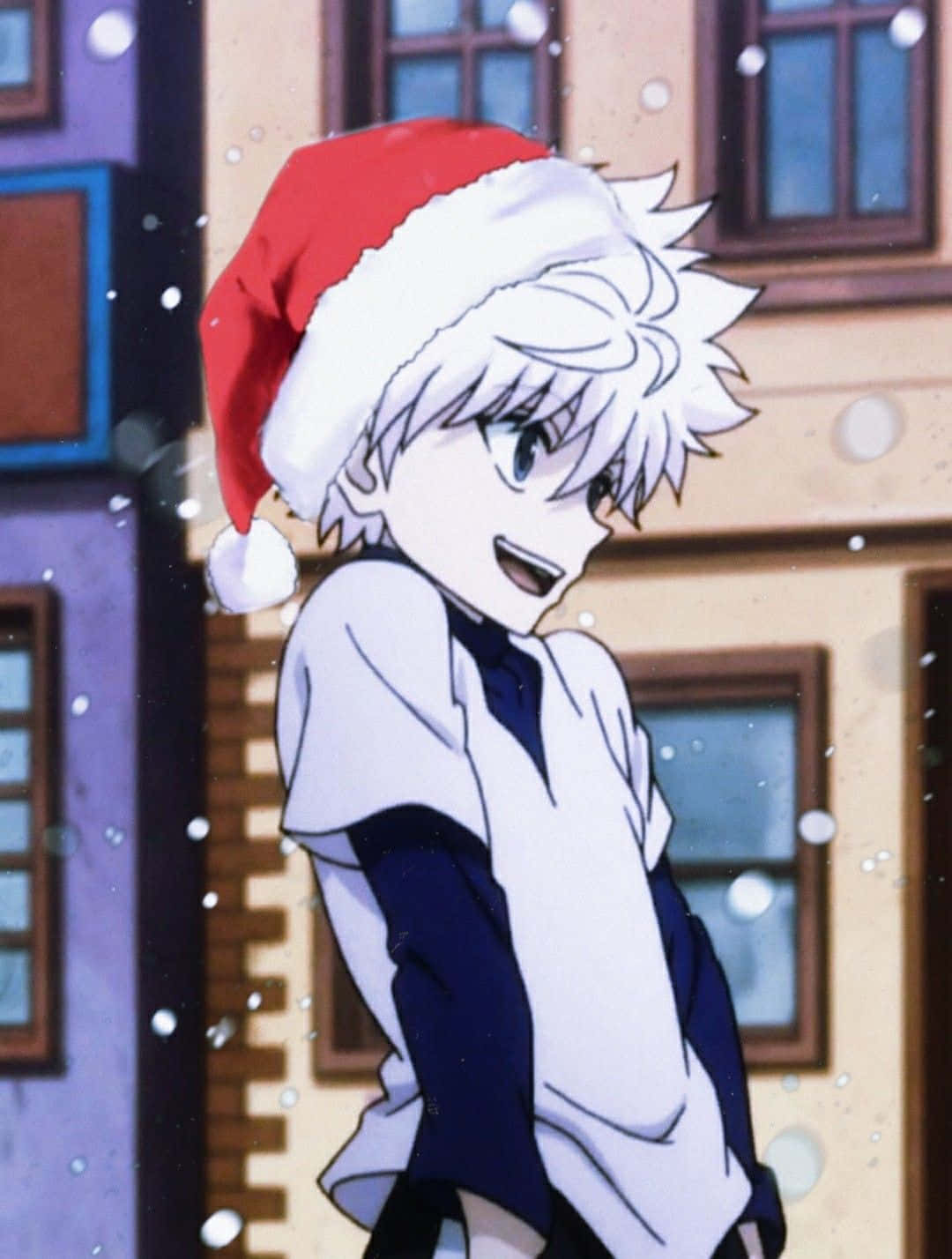To drenge klædt op som julemand og nisser i en hyggelig jule Anime scene. Wallpaper