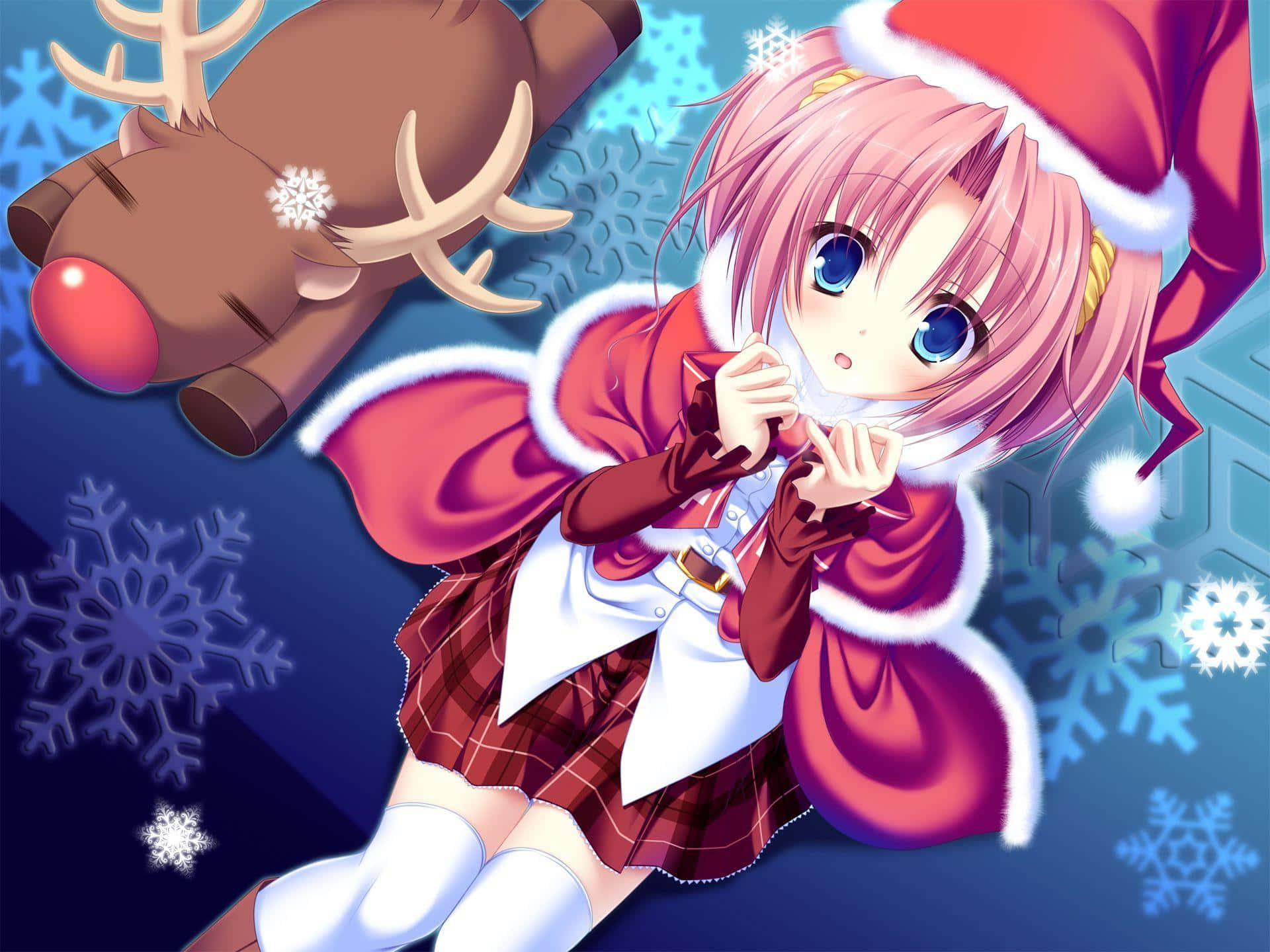 Christmas_ Anime_ Girl_with_ Reindeer Wallpaper