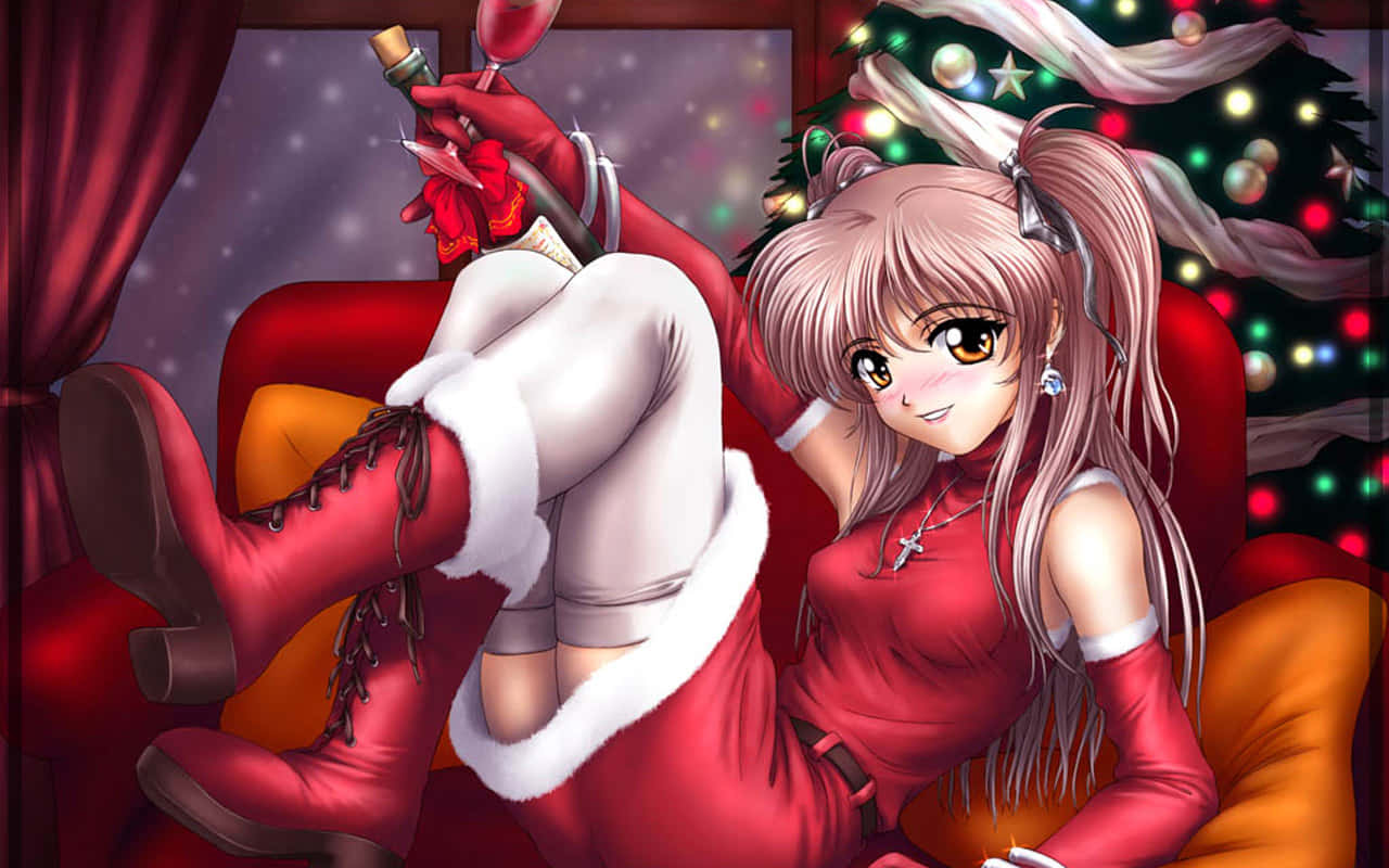 Fondode Pantalla De Anime De Navidad Con Chica De Cabello Rosa Fondo de pantalla
