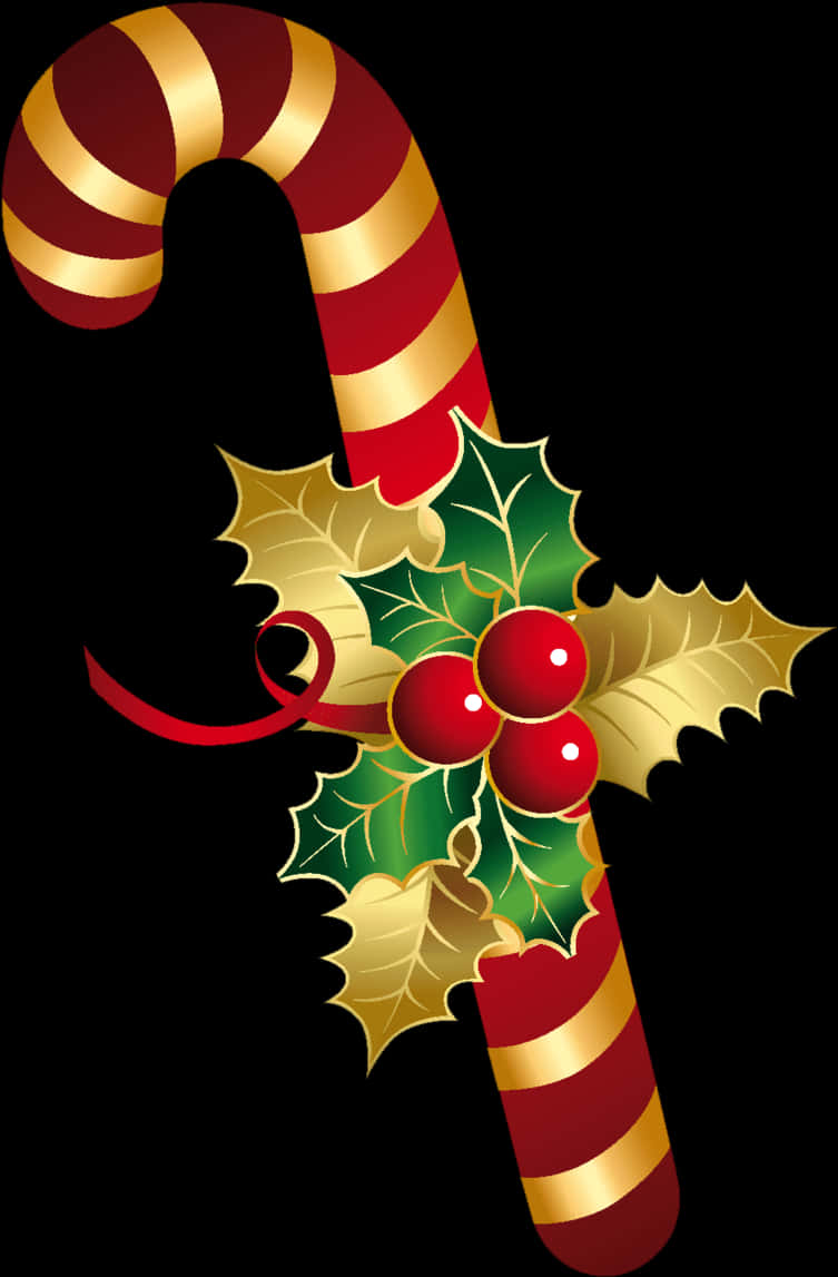 Christmas Candy Canewith Holly Decoration PNG
