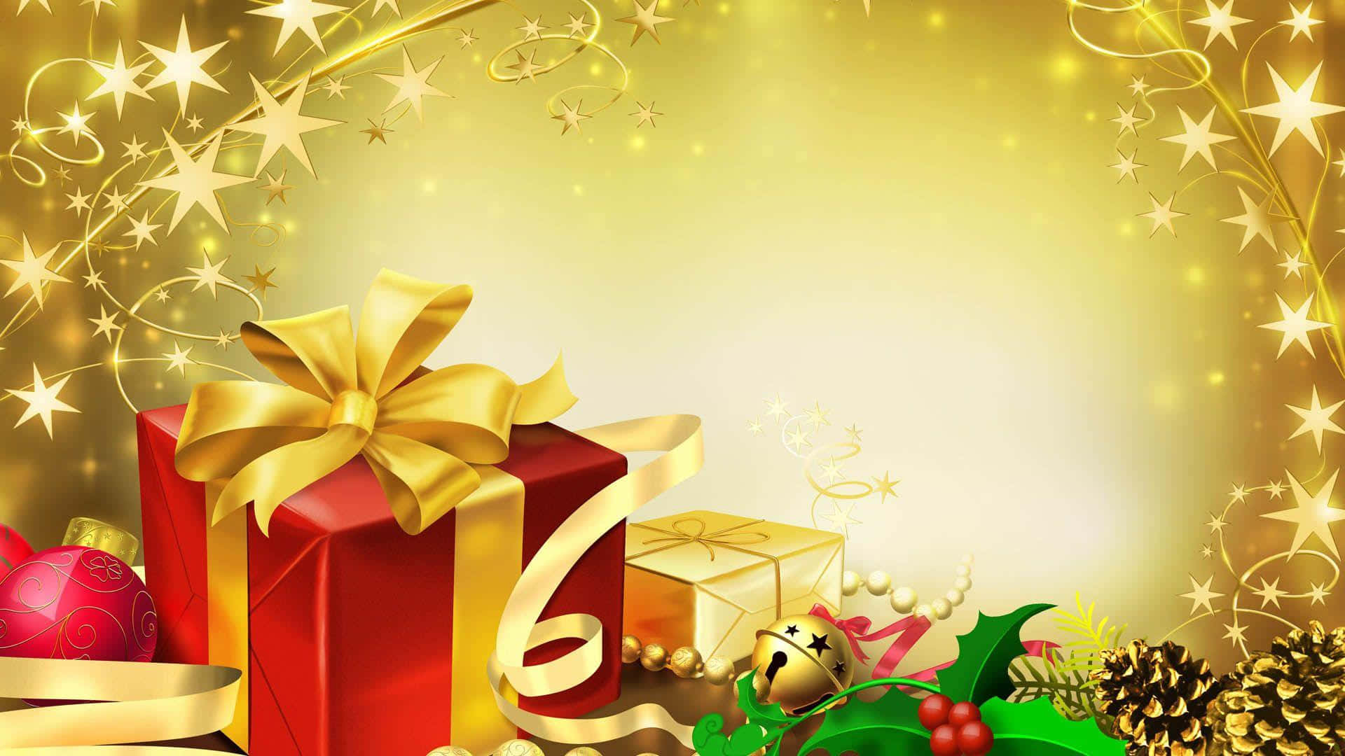 Julebaggrund med et gyldent gavekasse og dekorationer