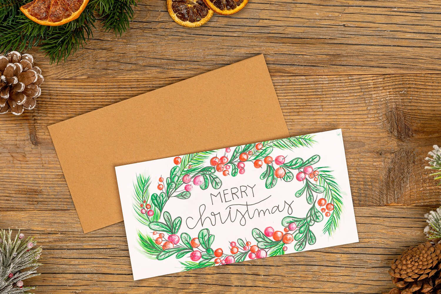 Eineweihnachtskarte Mit Stechpalme Und Tannenzapfen