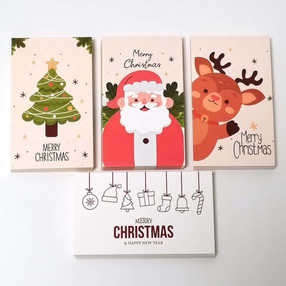 Julkort Med Jultomten Och Renar. (christmas Cards With Santa Claus And Reindeer)