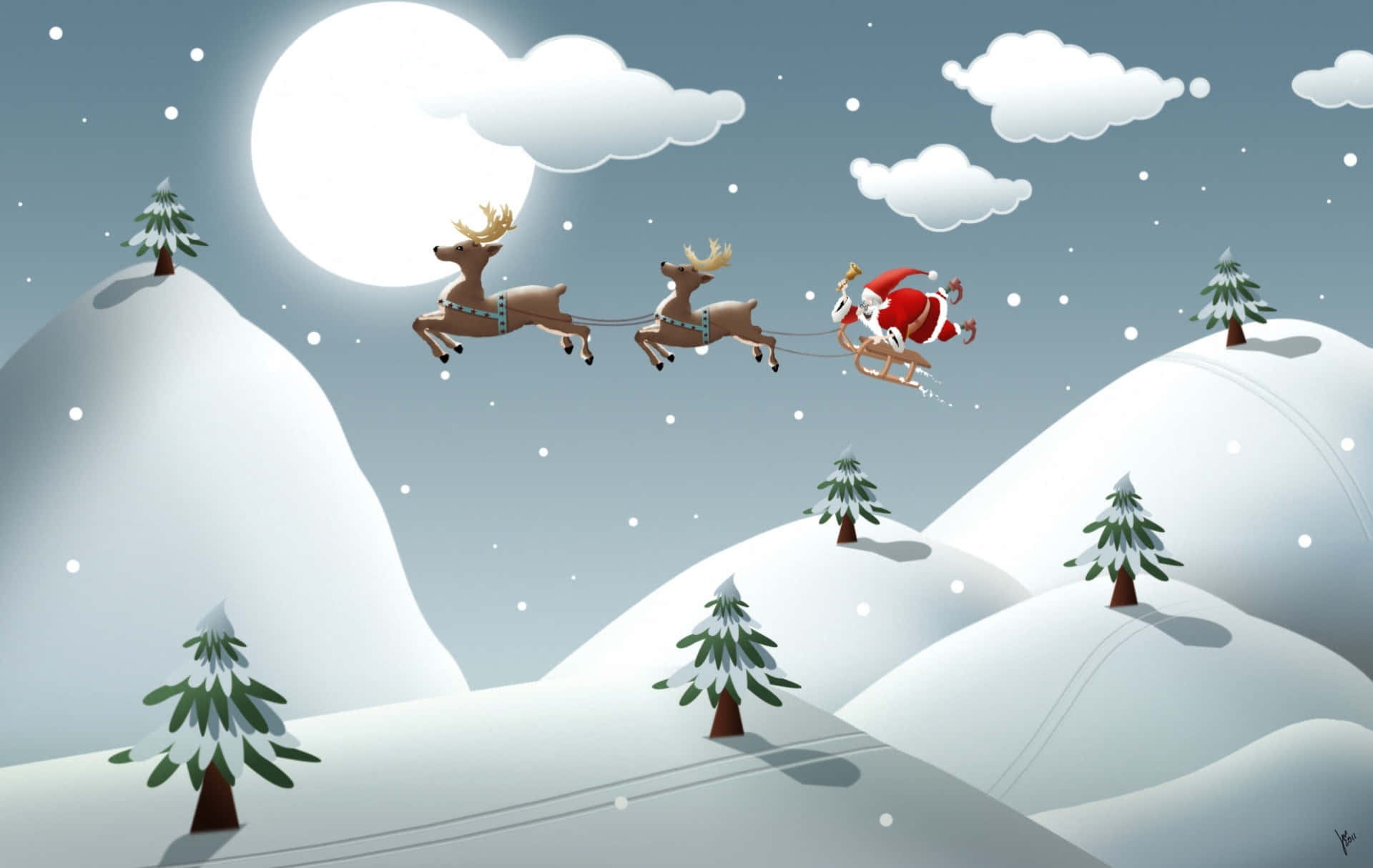 Jul Cartoon Santa Reindeer Svæve Slæde Billed Tapet