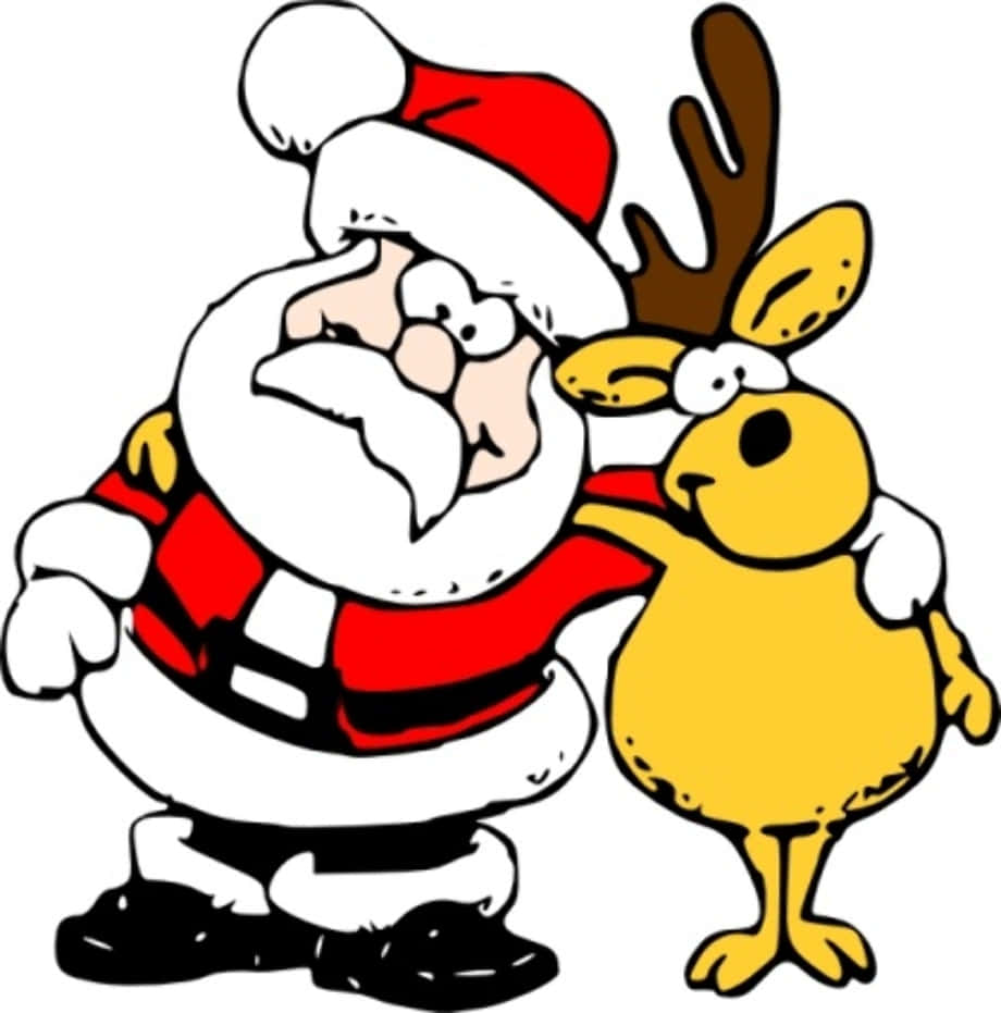 Imagende Un Reno De Dibujos Animados Sonriendo Con Santa Claus En Navidad.