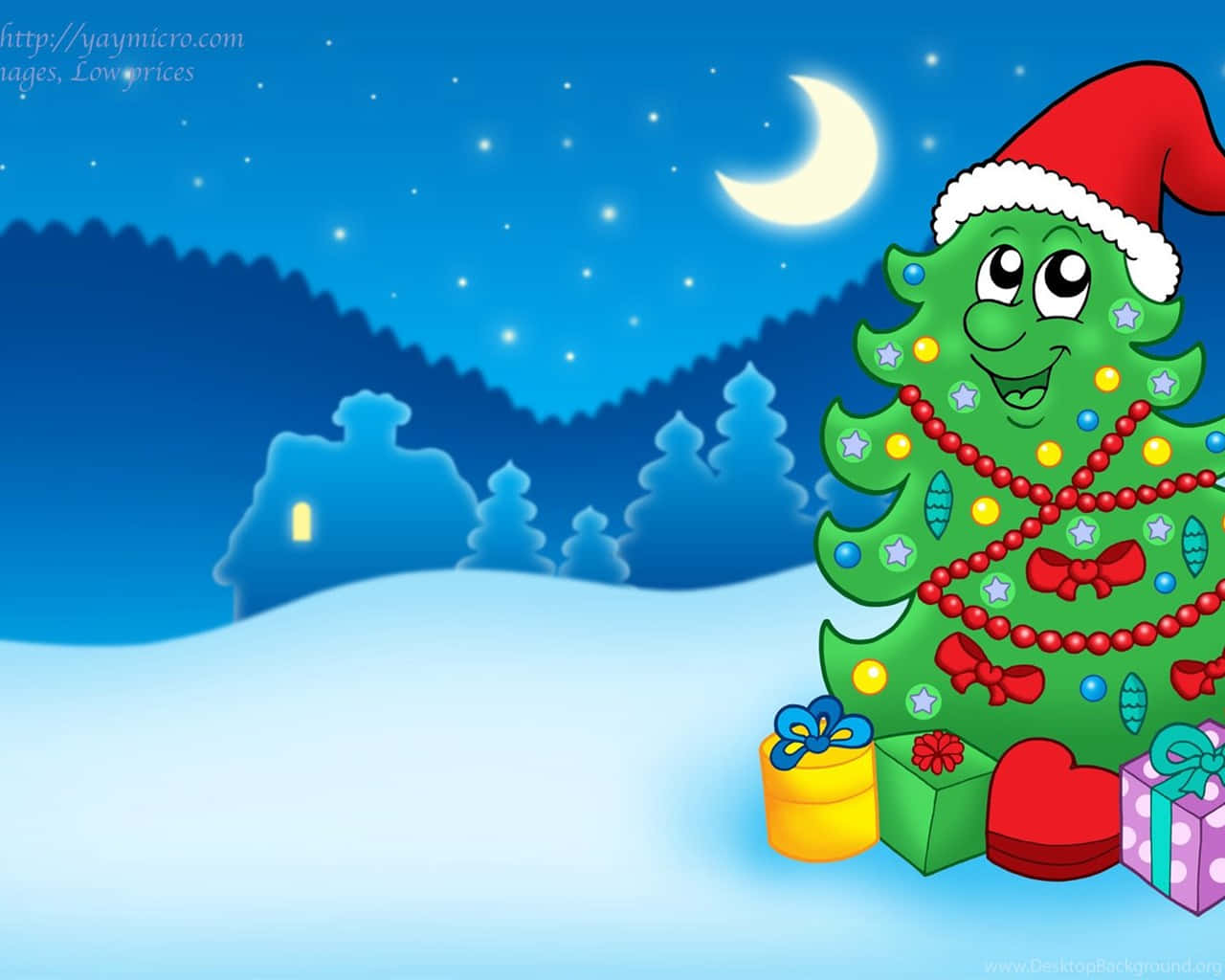 Árbolde Navidad Con Dibujo Animado, Gorro De Santa Y Imagen De Vacaciones.