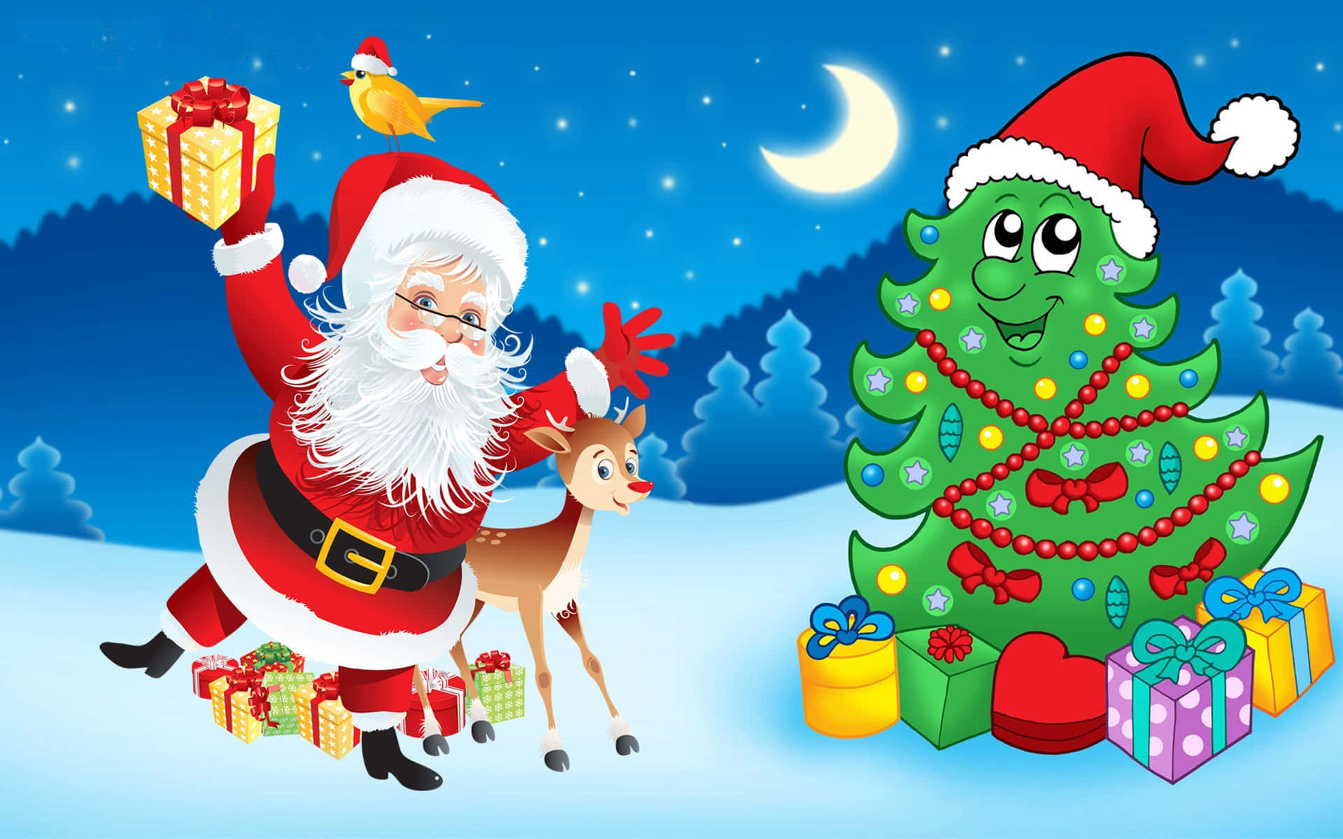 Jul Cartoon Glade Santa Claus Ferie Træ Billede Tapet