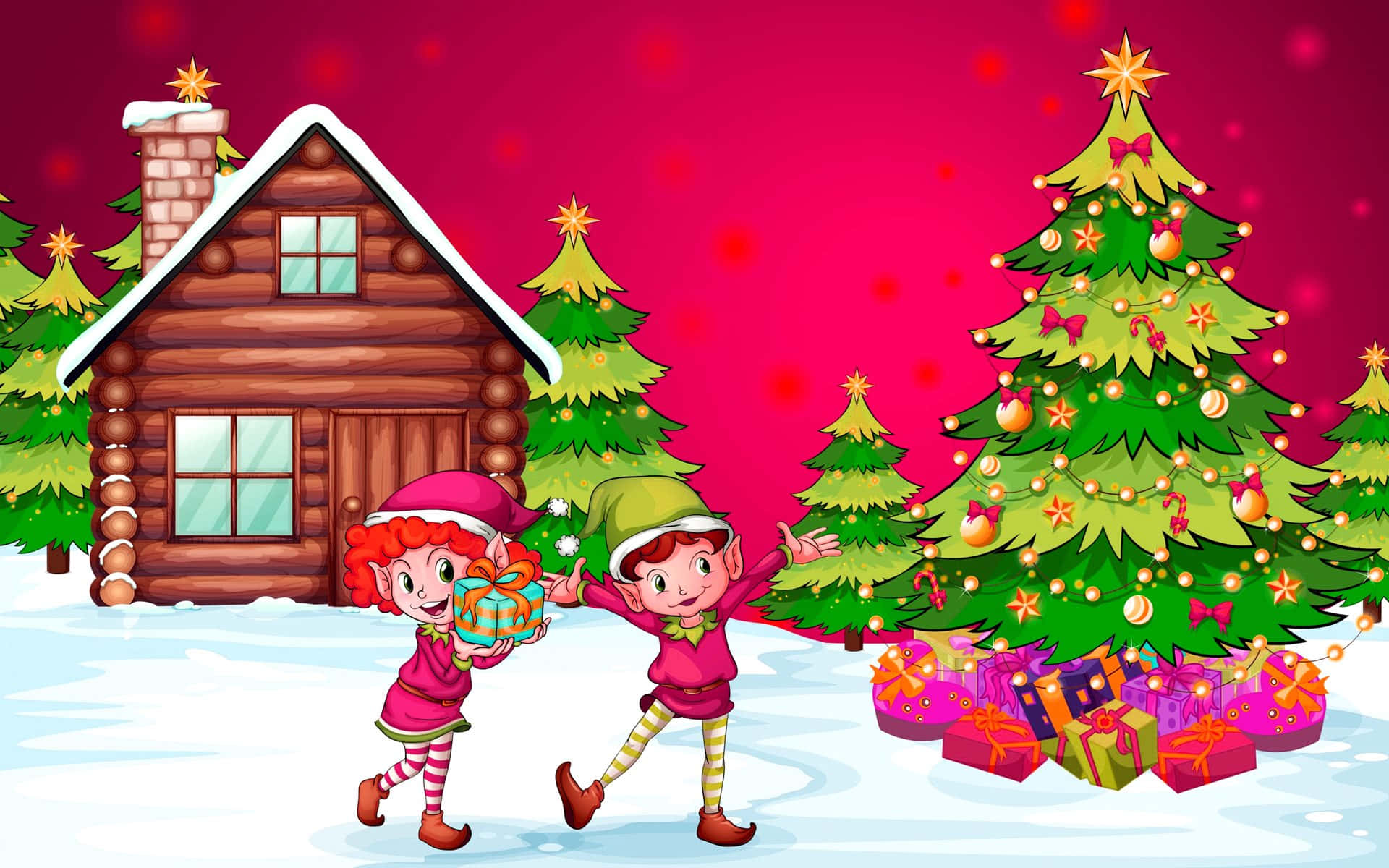 Imagende Navidad De Dibujos Animados Con Elfos Felices Y Un Árbol Festivo.