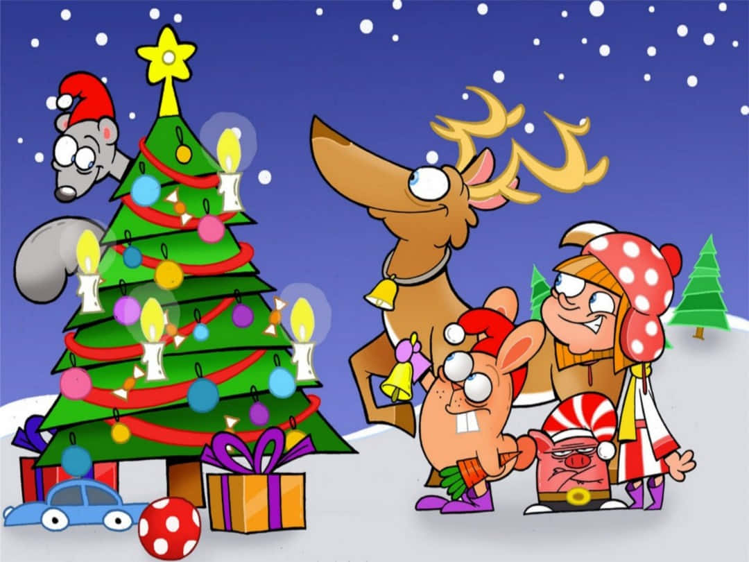 Weihnachtsbildmit Cartoon-weihnachtsbaum Und Rentier