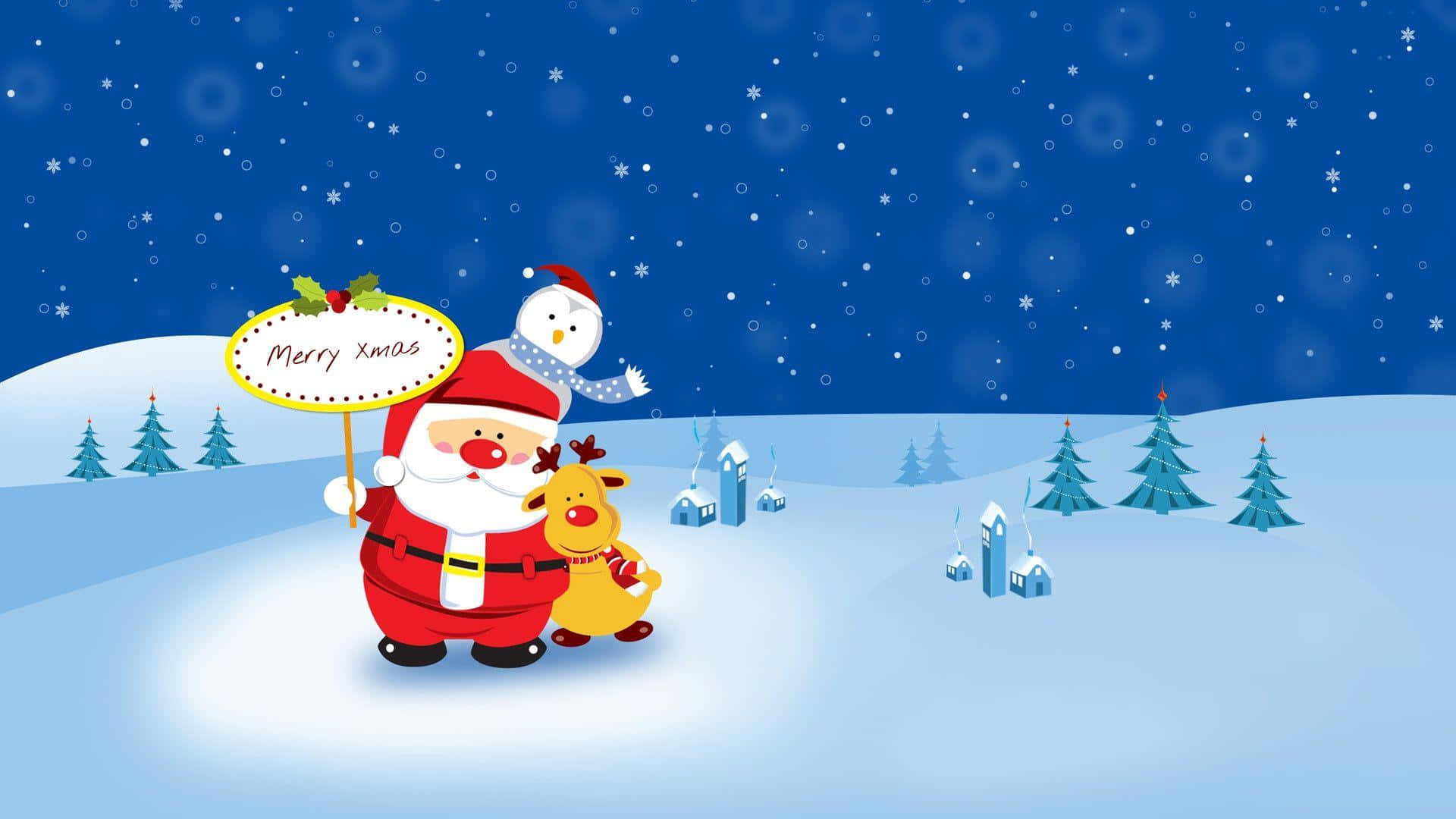 Imagende Navidad De Santa Claus, Renos Y Pingüinos En Estilo De Dibujos Animados