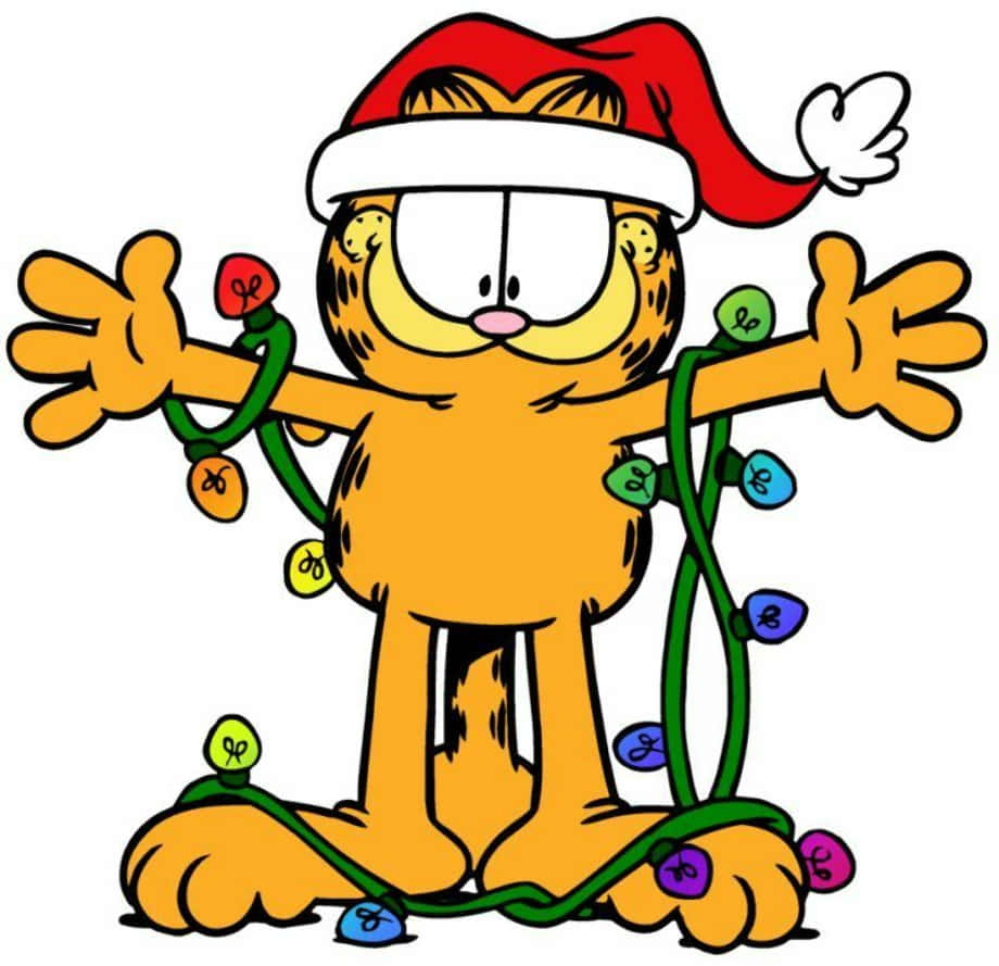 Julfigur Av Garfield-katten Med Tomtemössa Som Bakgrundsbild För Din Dator Eller Mobiltelefon.