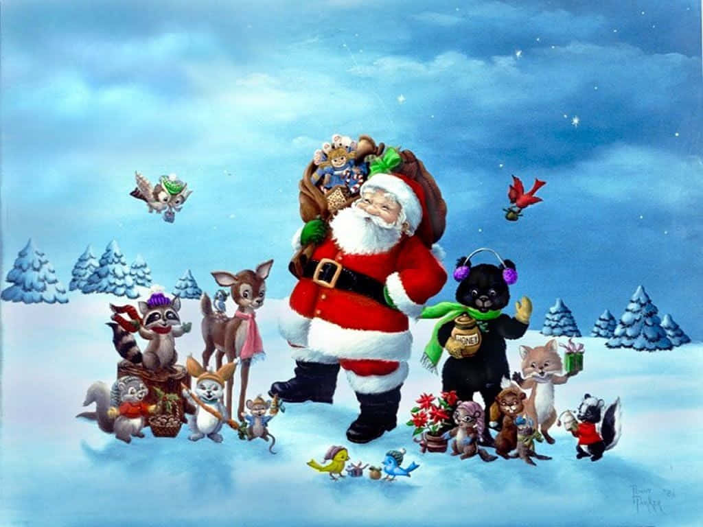 Dibujosanimados Navideños De Santa Claus En La Nieve. Fondo de pantalla