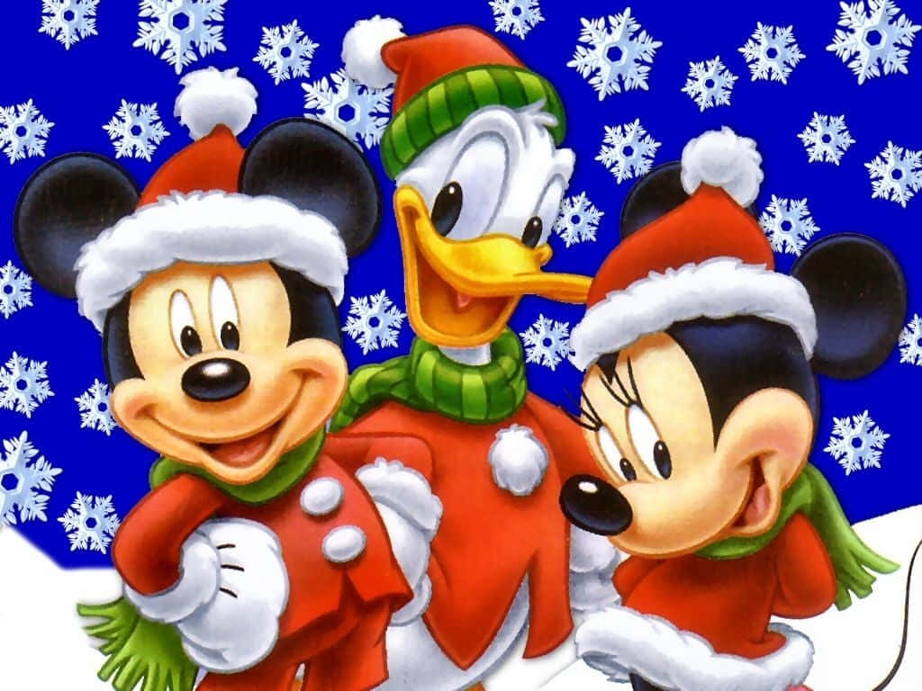 Fondode Pantalla De Navidad Con Dibujo Animado De Mickey Y Minnie Mouse Junto A Donald Duck. Fondo de pantalla