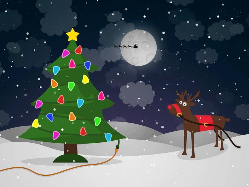 Christmas Cartoon Reindeer In Snow Wallpaper