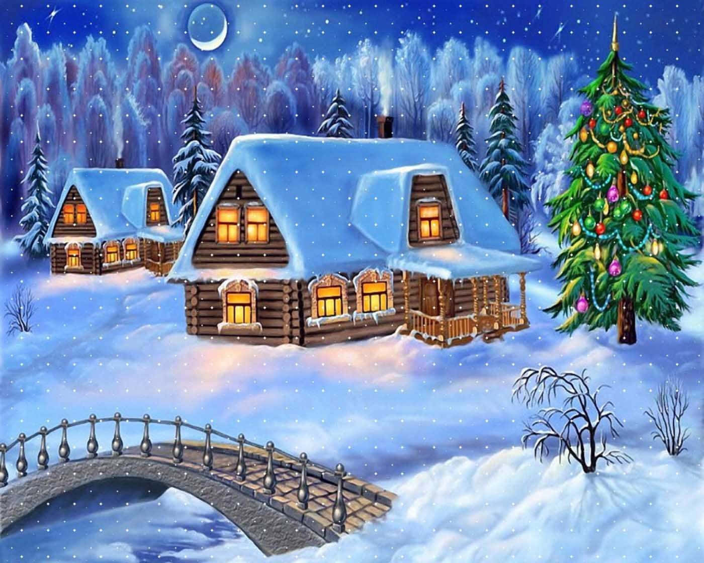 Download Christmas Cartoon Snowy Village Wallpaper 