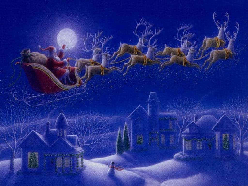 Christmas Cartoon With Santa And Flying Reindeer Wallpaper