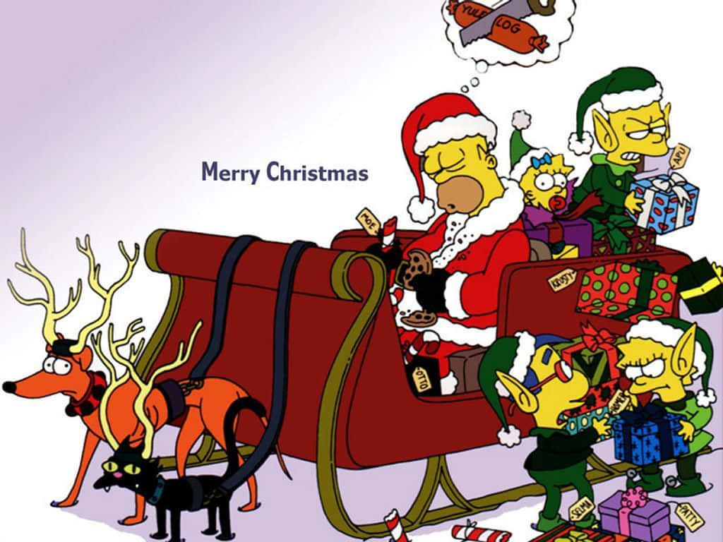 Christmas Cartoon The Simpsons Family On A Sleigh Wallpaper