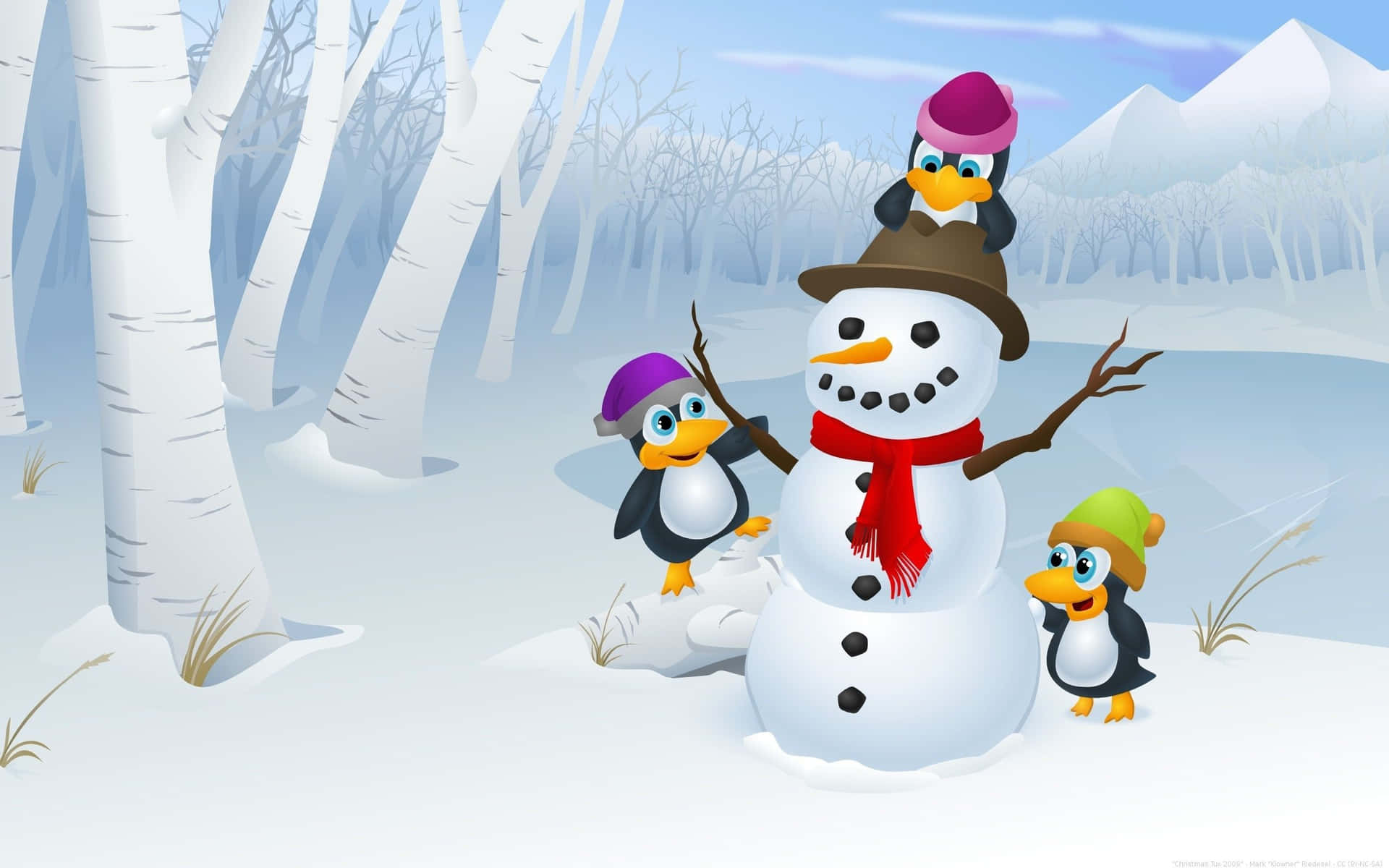 Cartoonde Natal Com Pequenos Pinguins. Papel de Parede