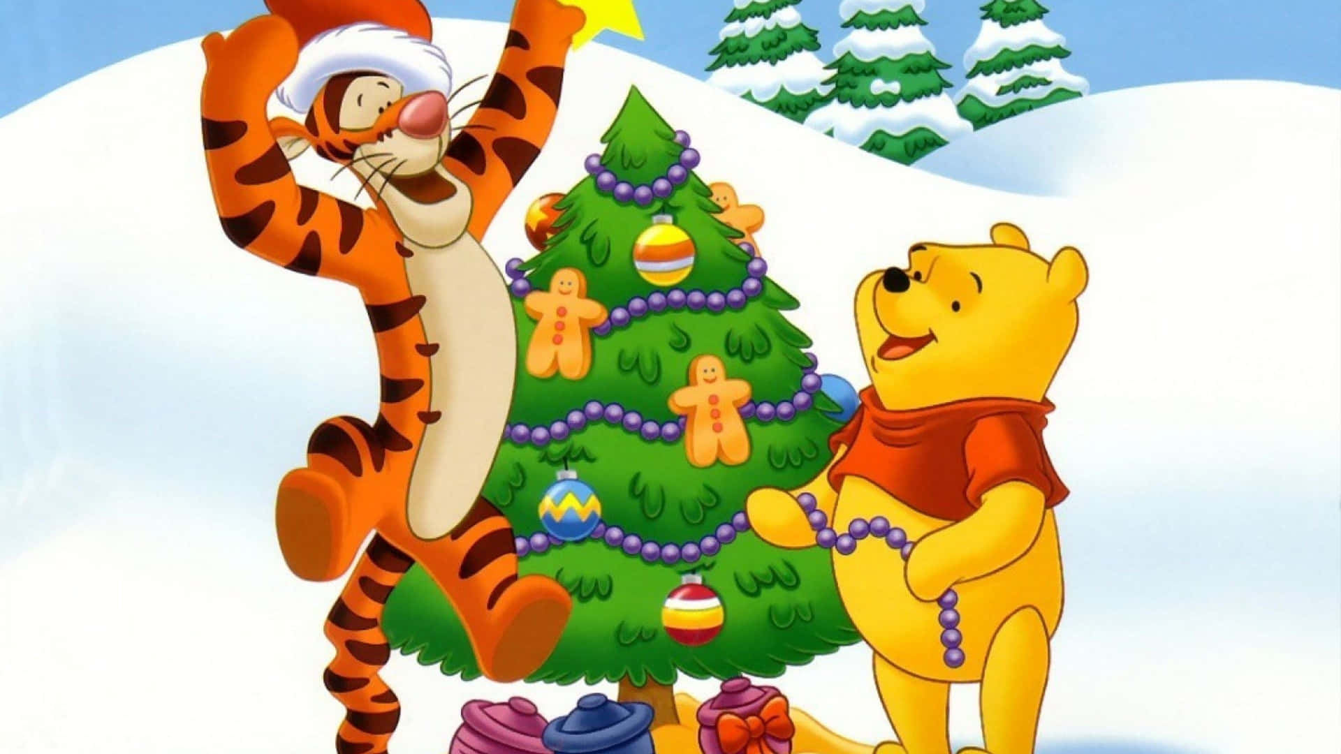 Christmas Cartoon Pooh And Tigger Wallpaper