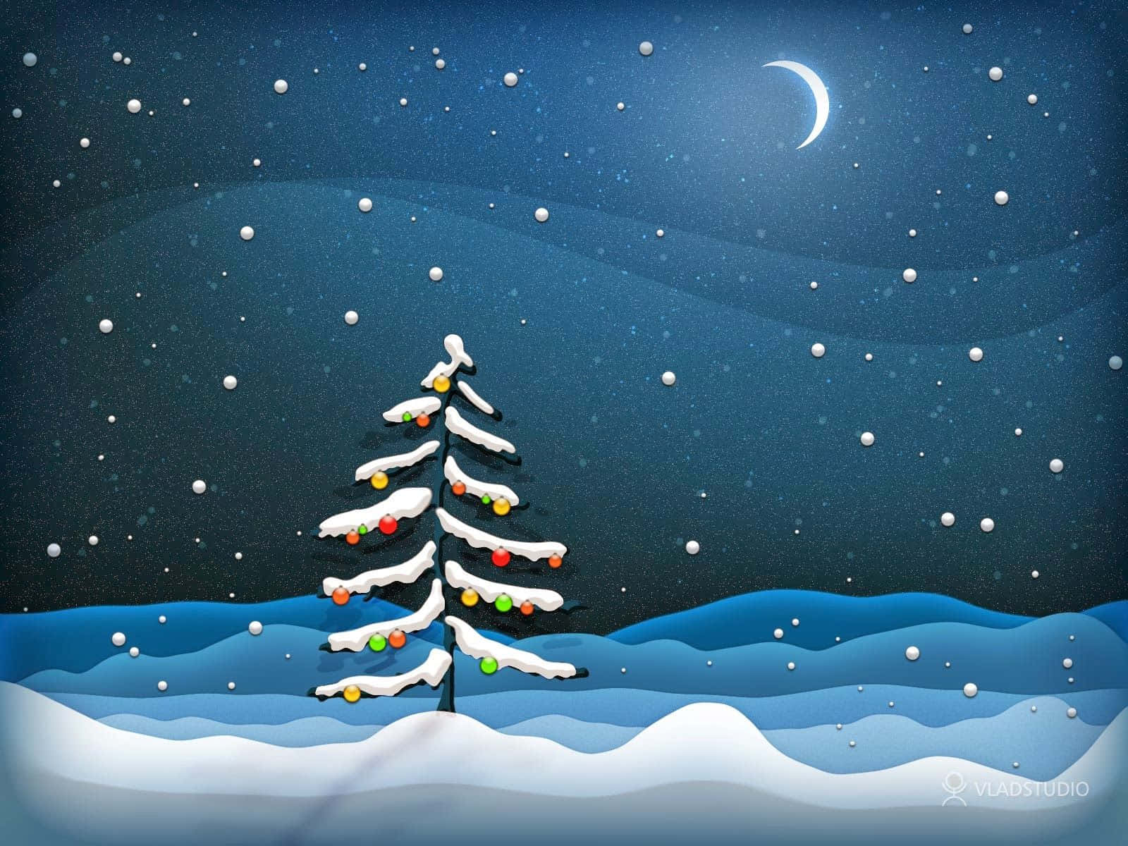 Christmas Tree Cartoon In Snowy Night Wallpaper