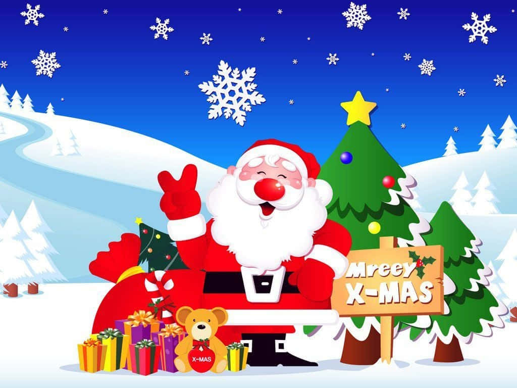 Christmas Cartoon Santa Claus By The Christmas Tree Wallpaper