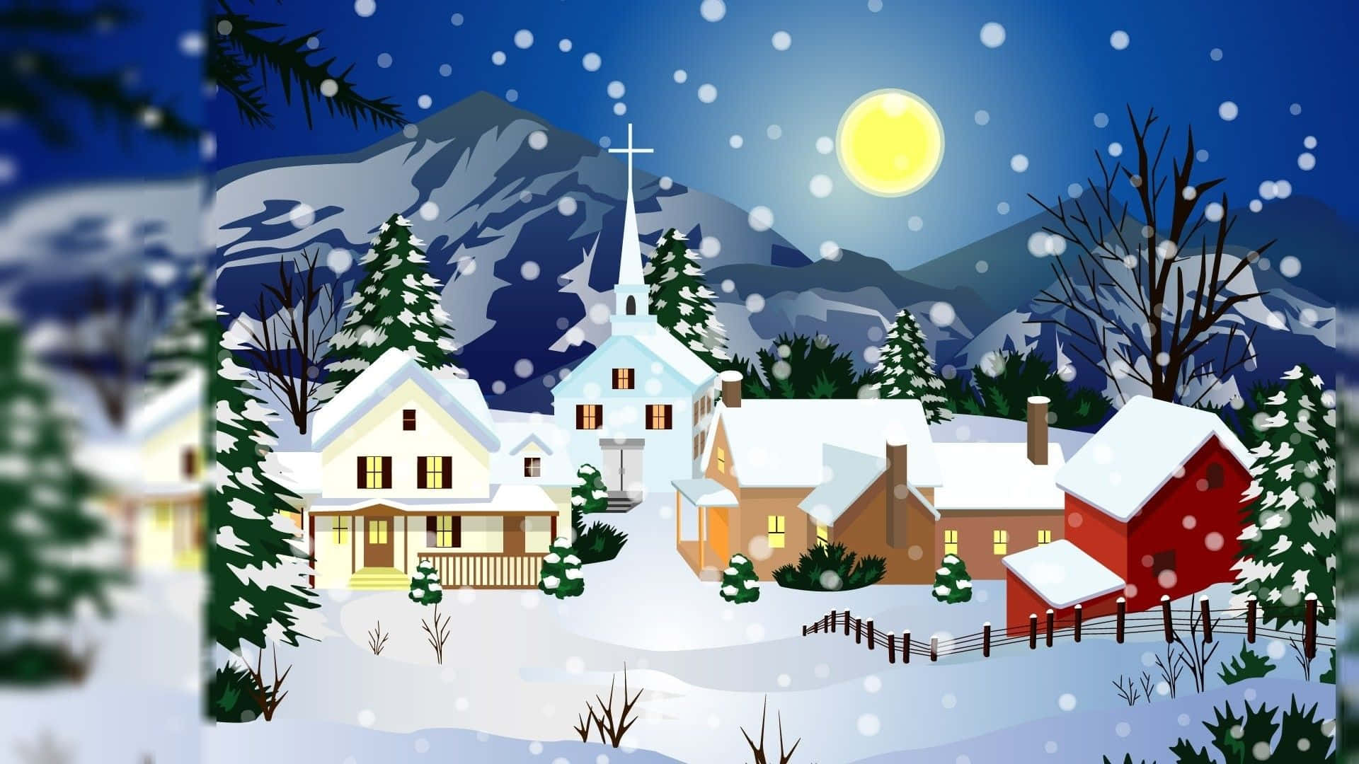 Cartelde Navidad De Dibujos Animados En Un Pueblo Nevado De Navidad. Fondo de pantalla