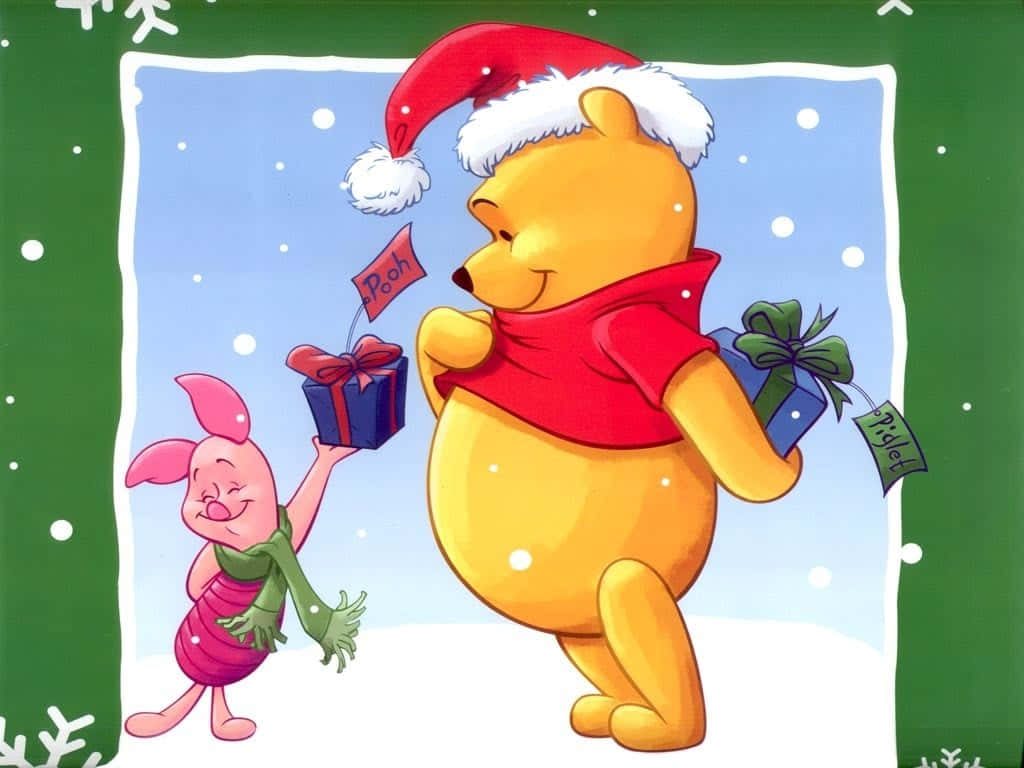 Julet Tegneserie Pooh og Grise Pude Mønster Wallpaper