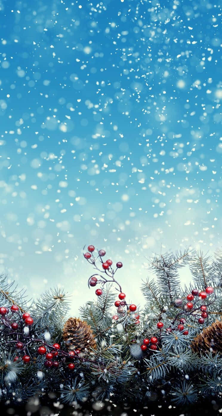 A Snowy Background With Pine Cones And Berries Wallpaper