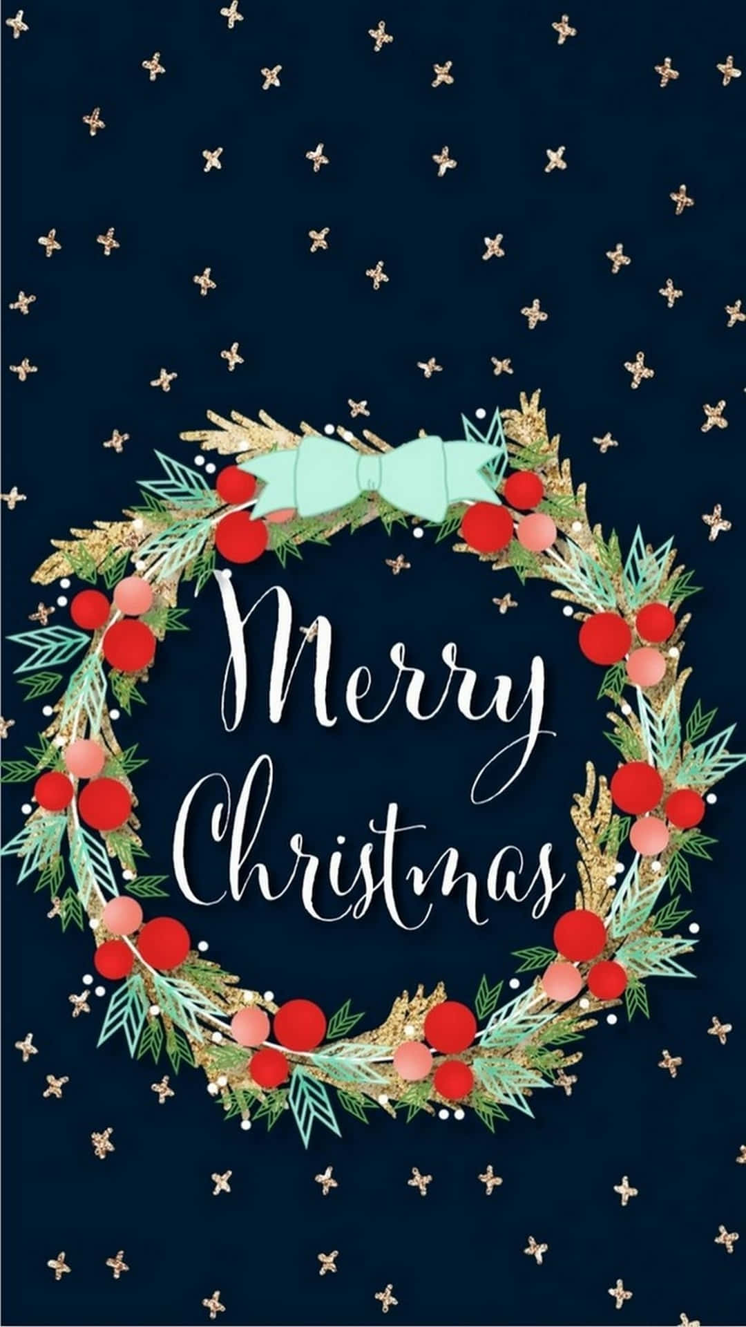 Merry Christmas Card With A Wreath And Stars Wallpaper