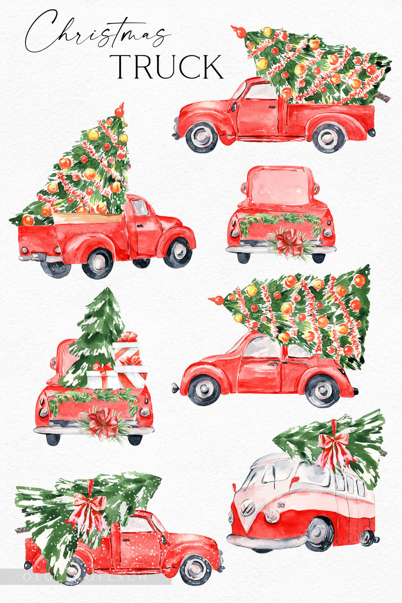 christmas truck watercolor clipart