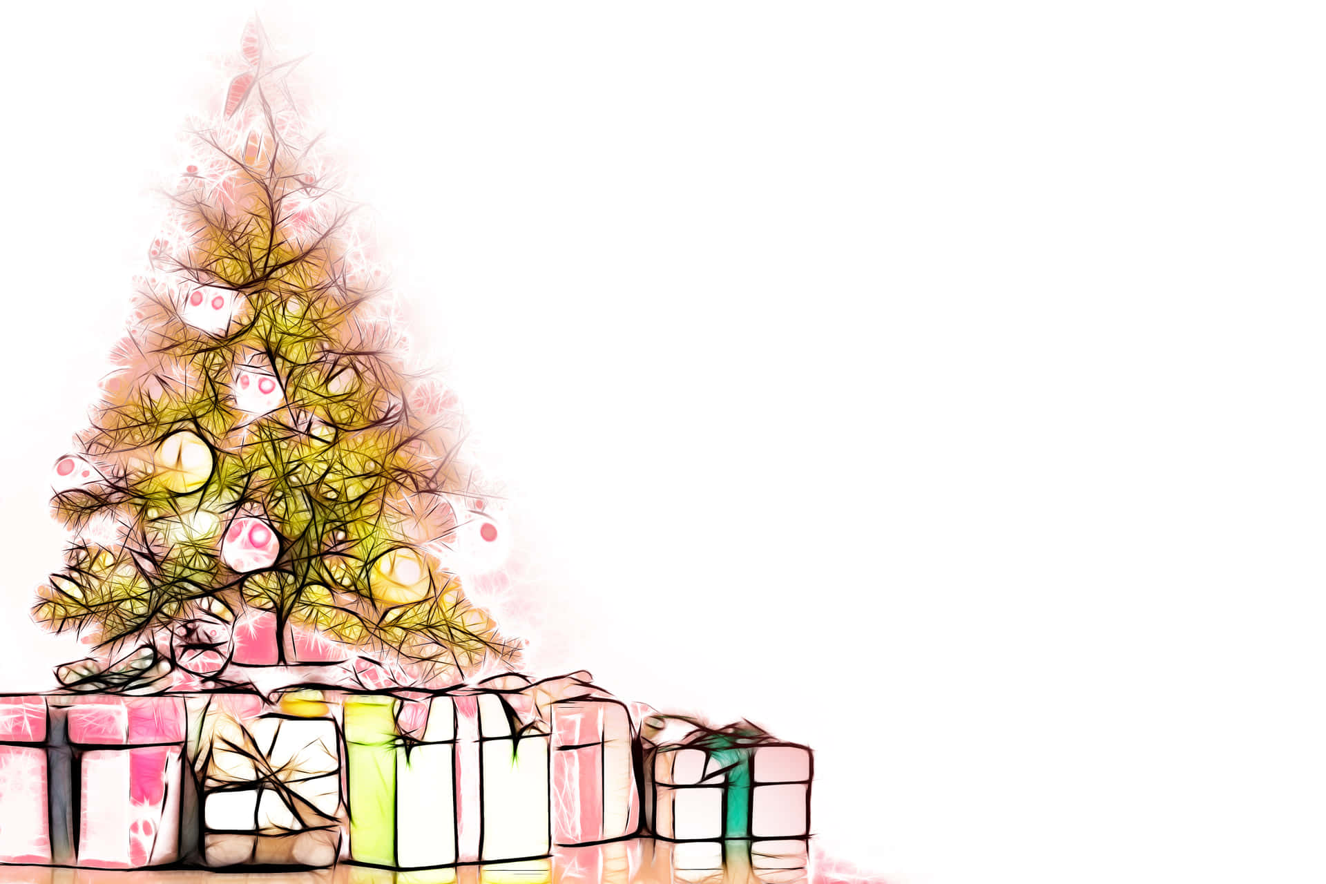 En tegning af et juletræ med gaver omkring det