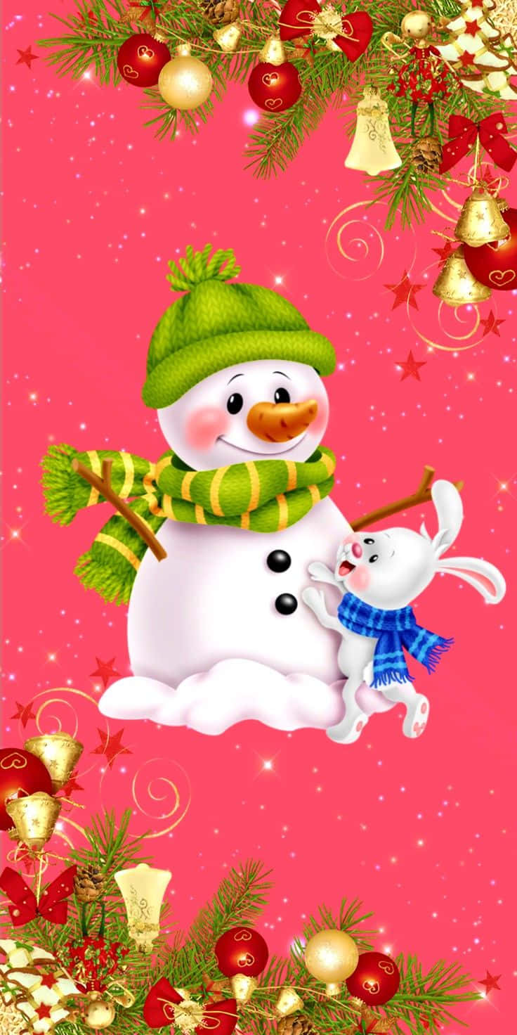a snowman and a bunny on a pink background