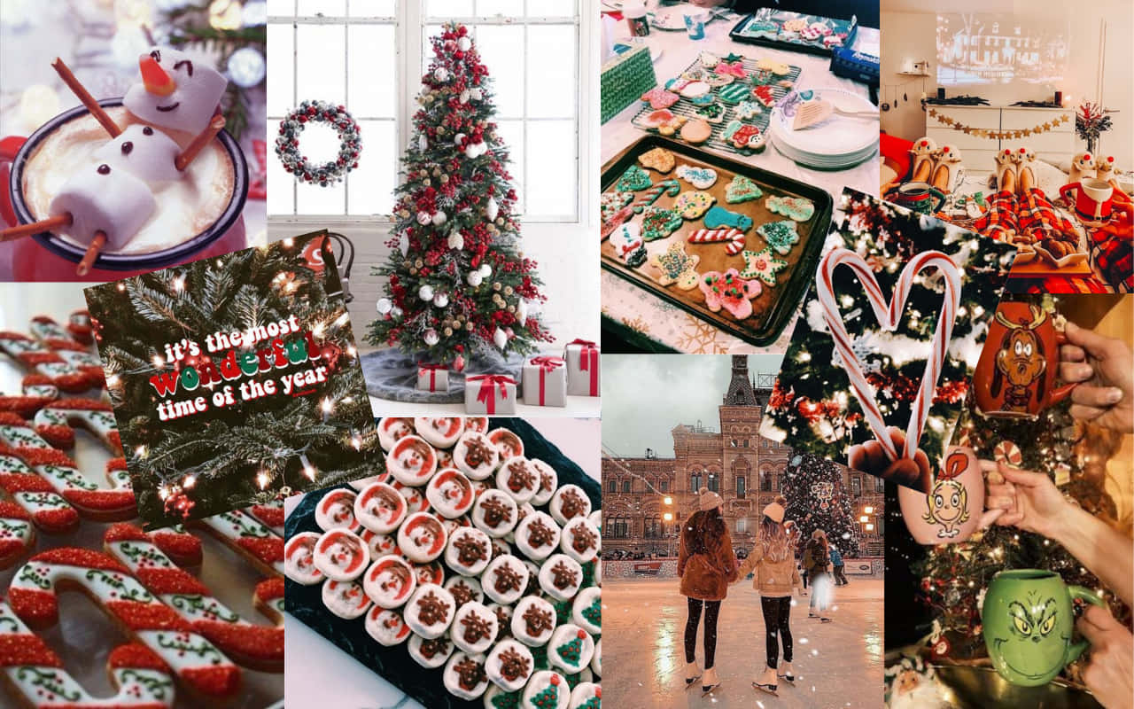 Christmas Collage Laptop Snow Man And Desserts Wallpaper