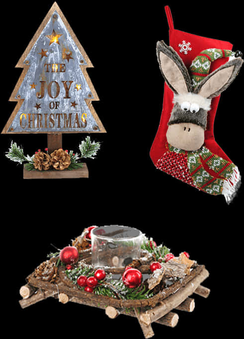 Christmas Decor Trio Joy Stocking Candleholder PNG