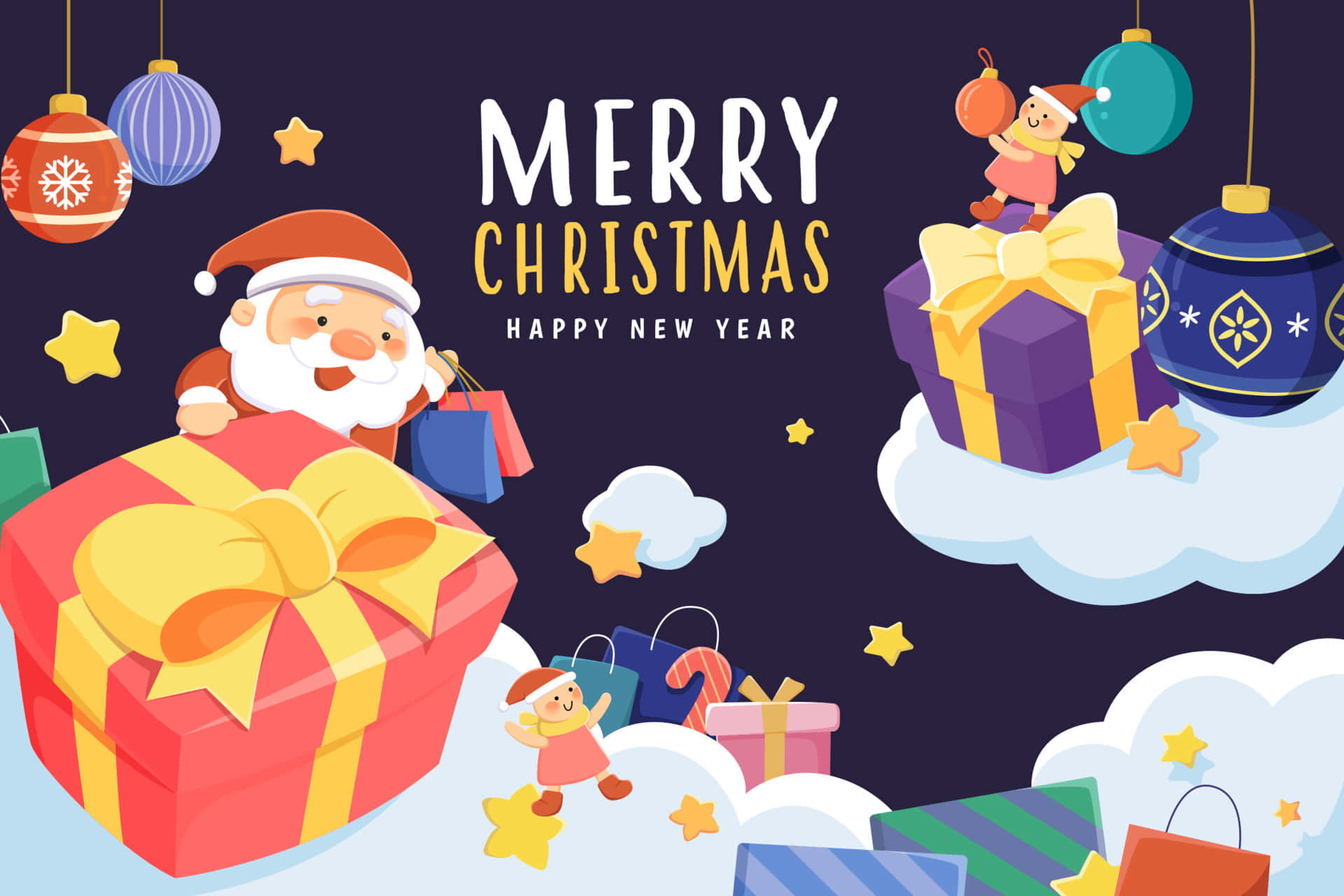 Greeting Card With Christmas Elves, Santa, And Gifts Wallpaper