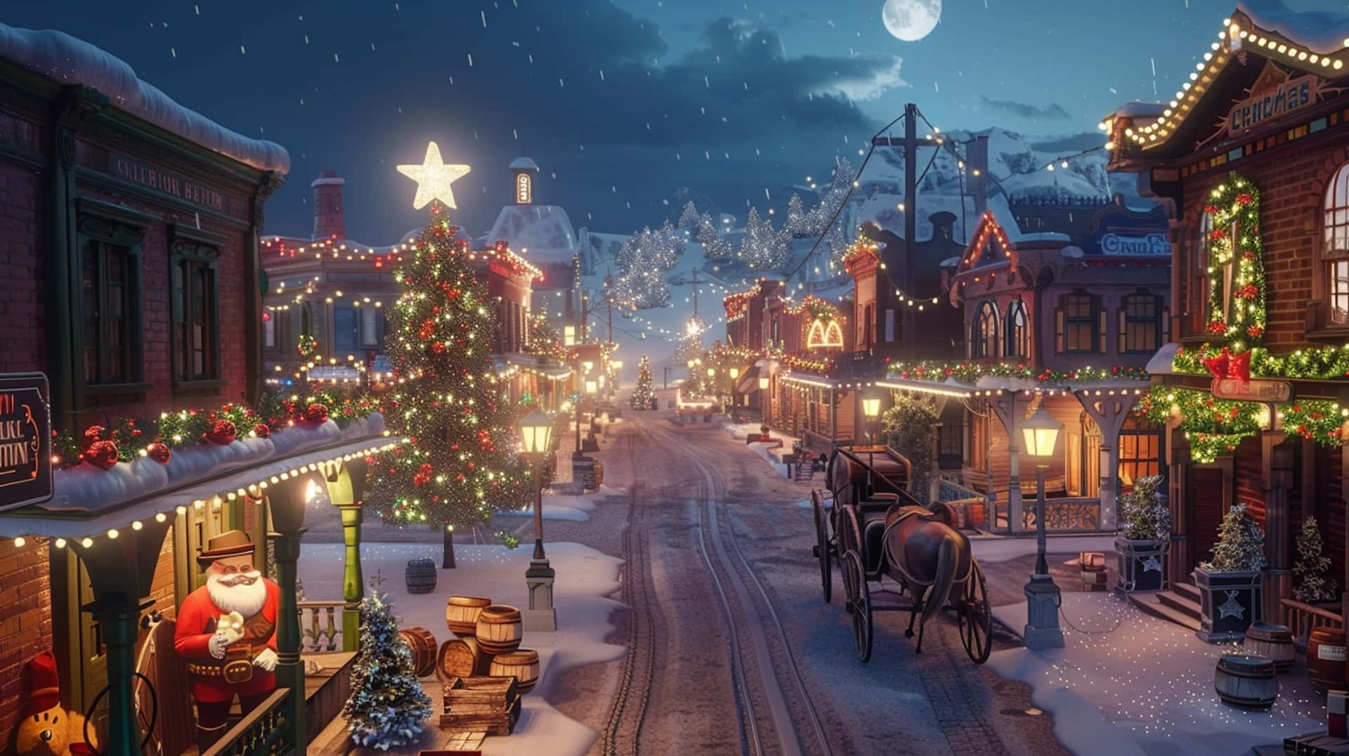 Christmas Eve Snowy Town Scene Wallpaper