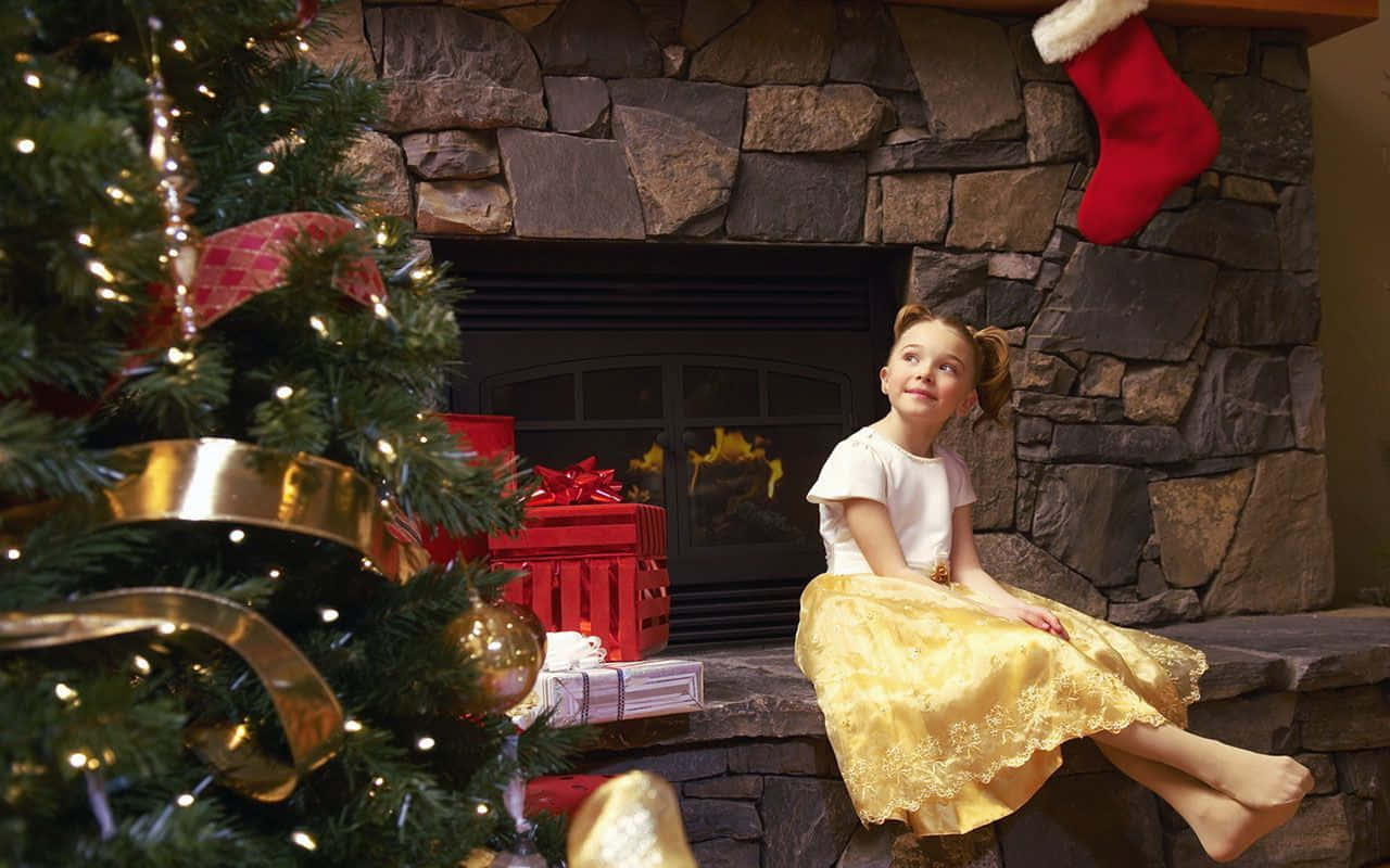 Christmas Family Cute Girl By The Fireplace Pictures