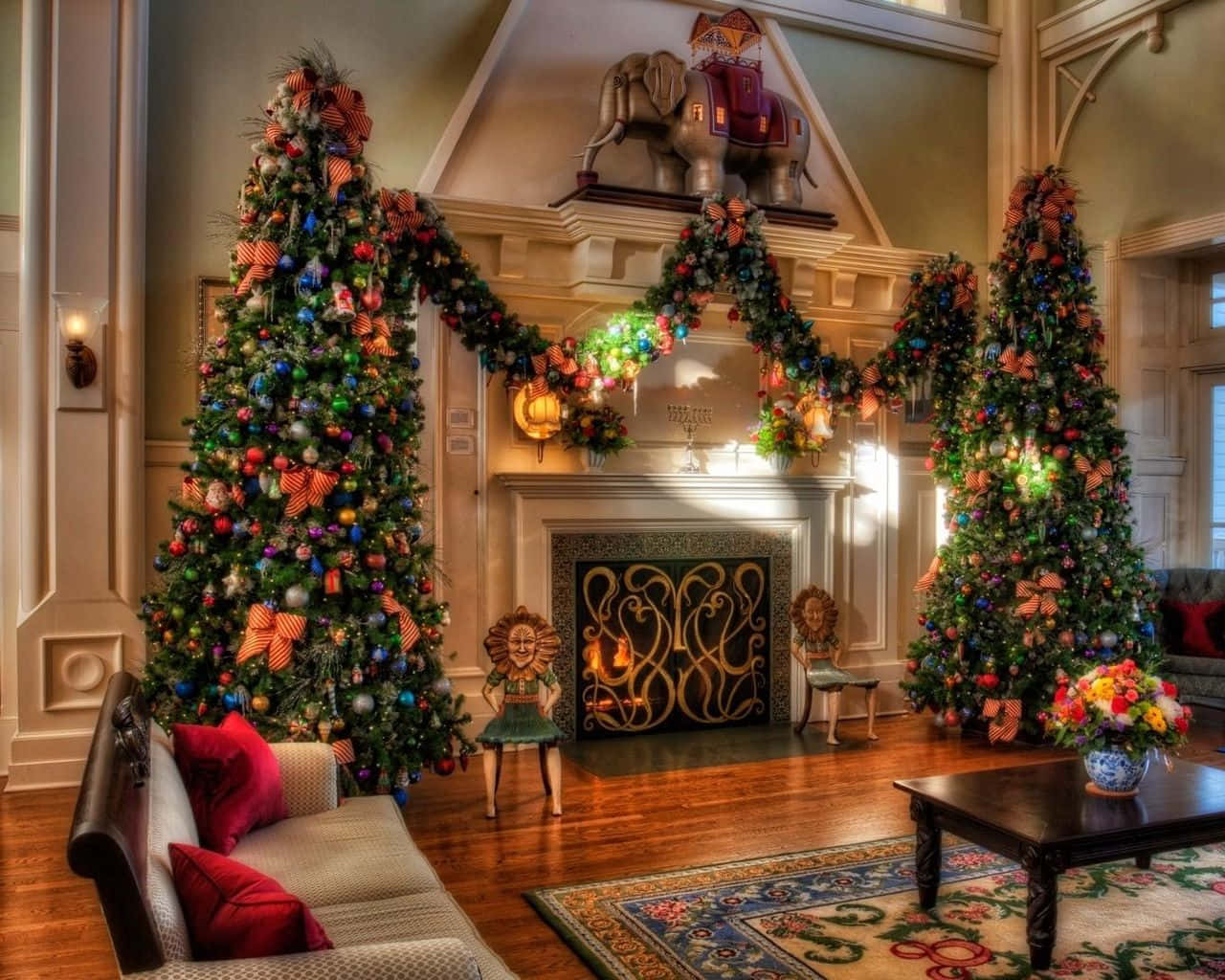 Christmas Fireplace With Two Trees Background