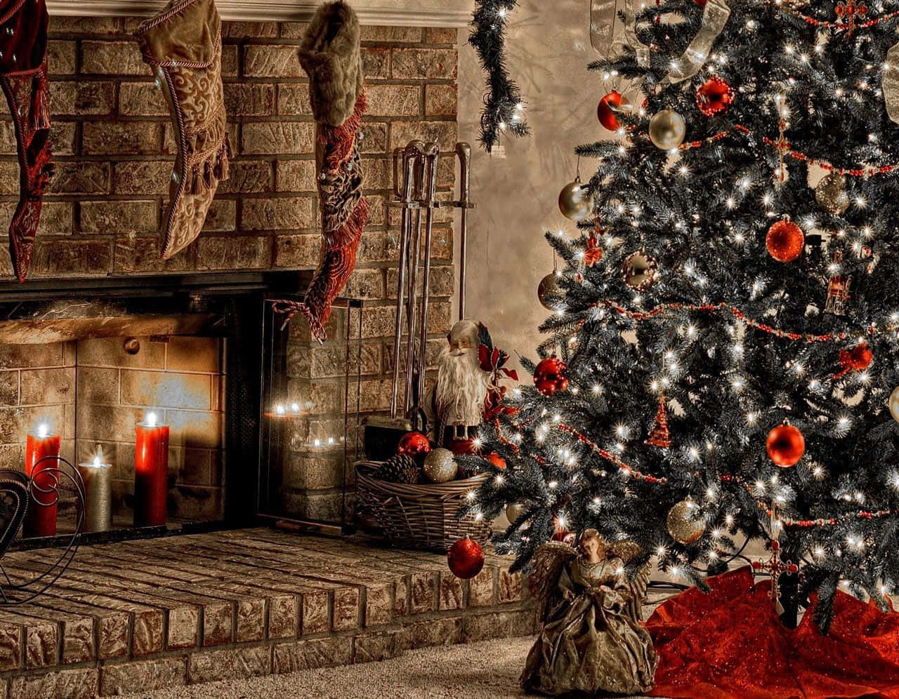 Christmas Brick Stone Fireplace Background