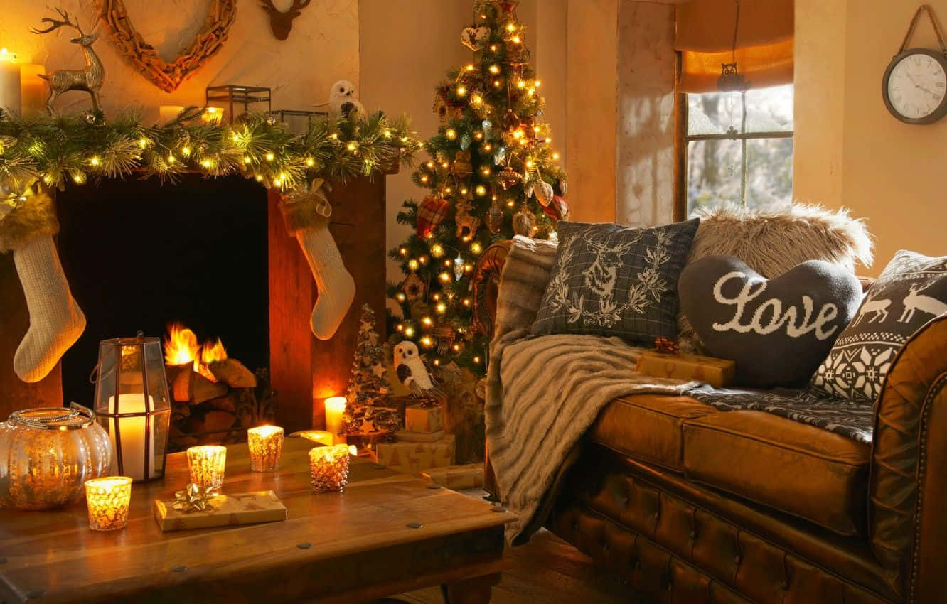 Cozy Christmas Fireplace With Table Background