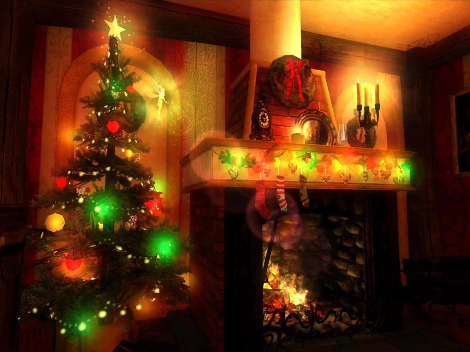Christmas Fireplace With Glowing Lights Background
