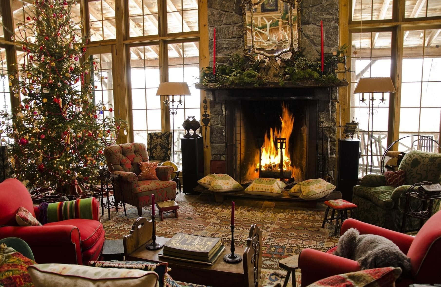 Christmas Fireplace With Antique Interior Background