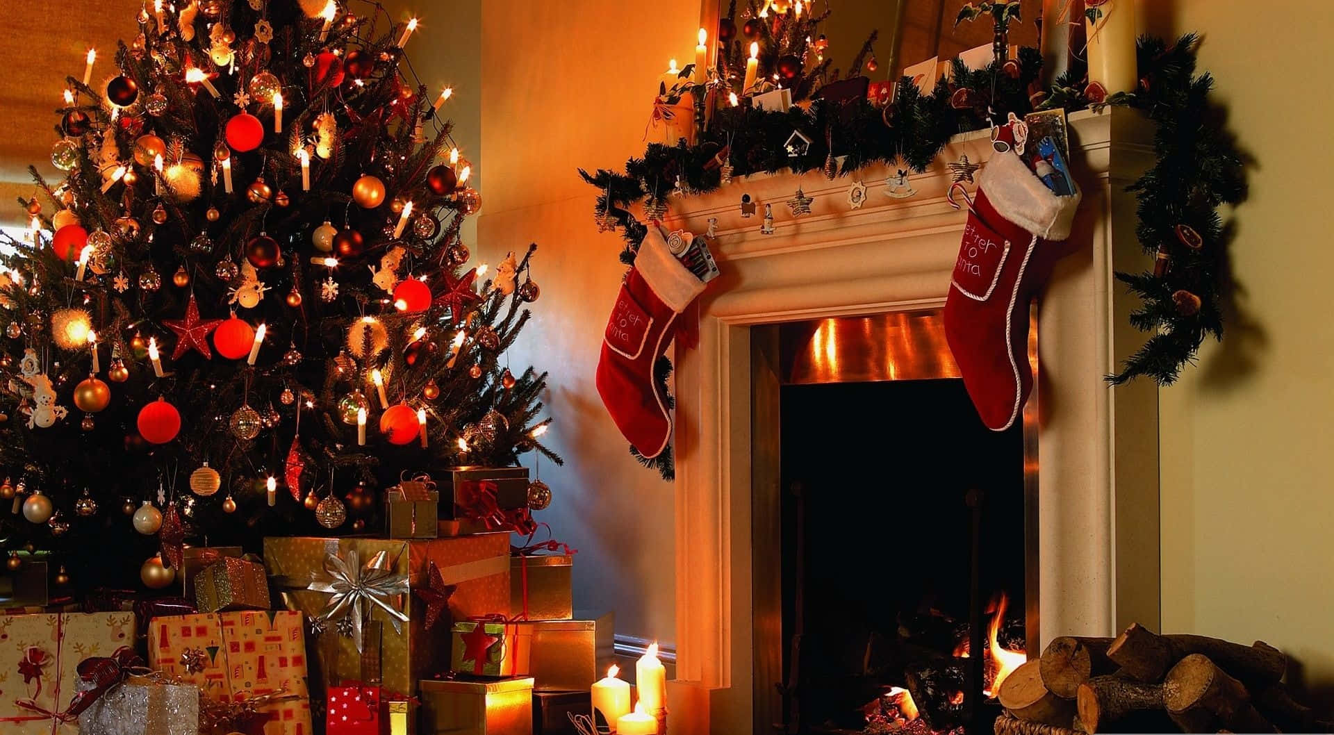 Christmas Fireplace With Tree Full Of Presents Background